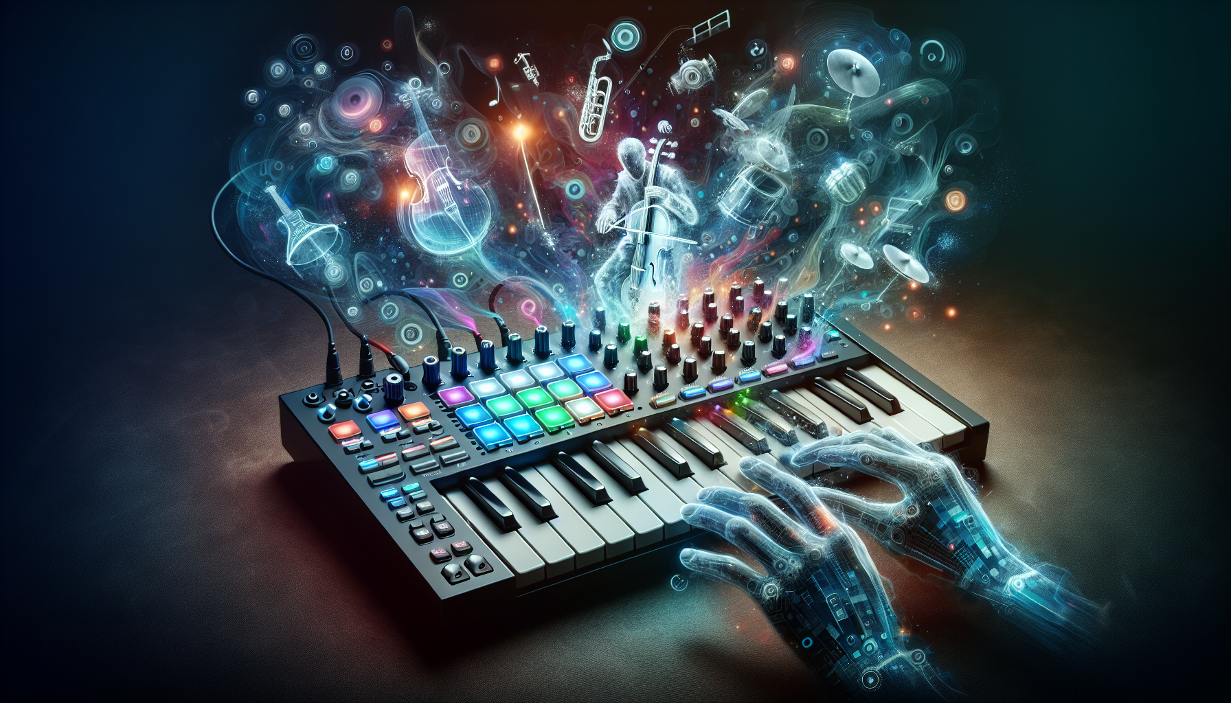 Illustration of MIDI controller and keyboard for music production