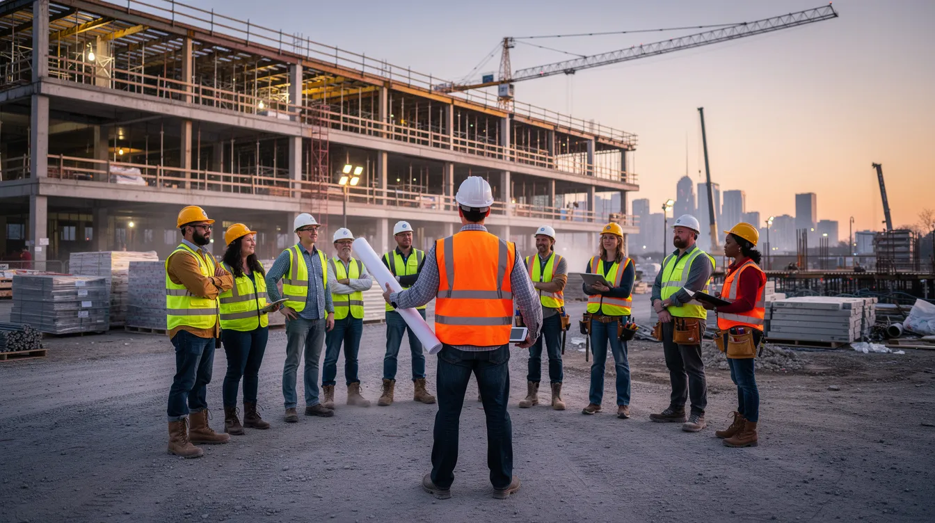 A group of construction workers, all wearing hard hats and safety vests, are gathered around a foreman at dawn on a commercial construction site, emphasizing the importance of workplace safety and effective construction safety training. This scene highlights the commitment to safety protocols and proactive hazard identification within the construction industry.