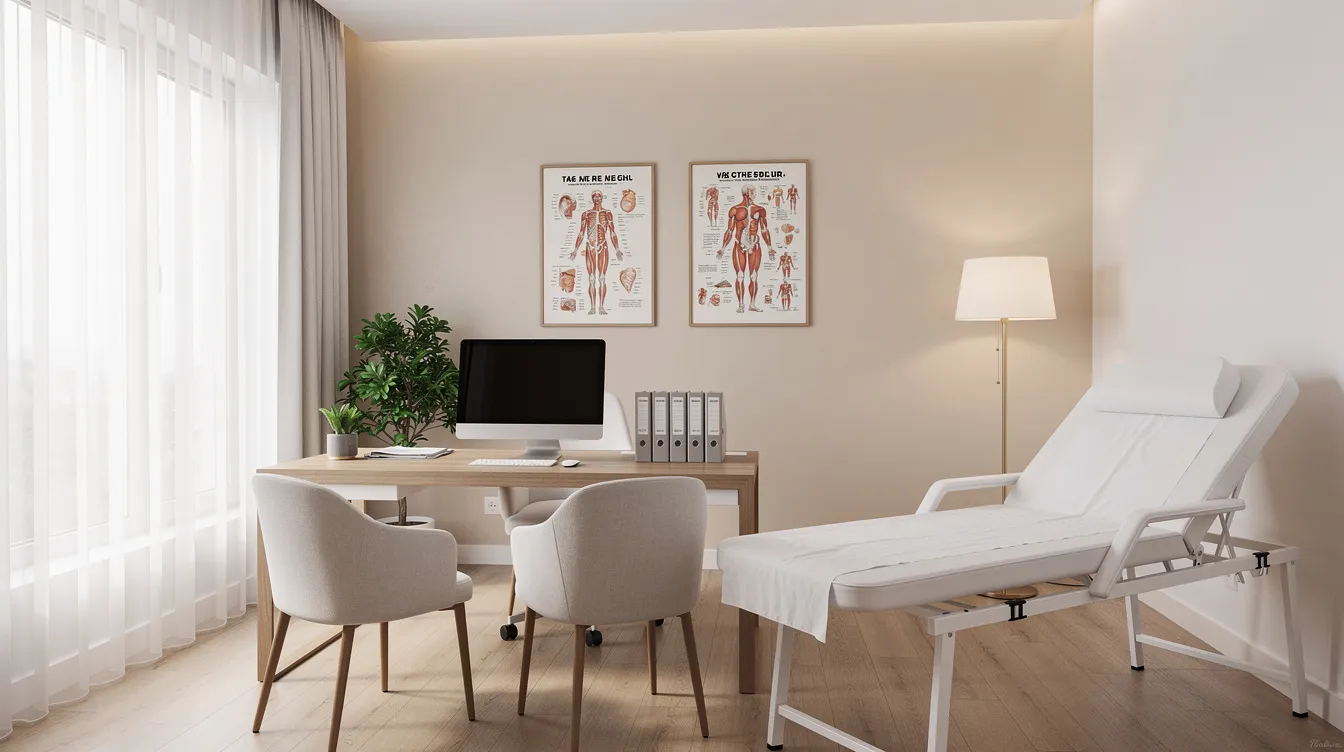 Imagen de un consultorio médico moderno, con un ambiente acogedor y profesional, donde se realizan procedimientos de cirugía plástica como la liposucción. Se pueden ver equipos médicos, un escritorio ordenado y decoraciones que crean una atmósfera tranquila para los pacientes que buscan mejorar su cuerpo y salud.