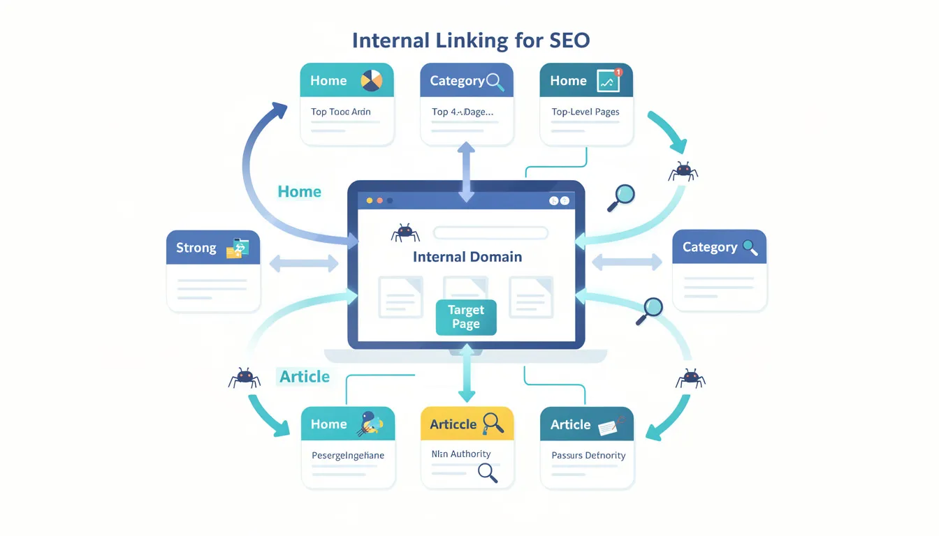 The image illustrates the concept of internal linking, showcasing how internal links connect multiple pages within the same domain, enhancing the site's SEO performance and helping search engines understand the site structure. It highlights the importance of a solid internal linking strategy in distributing link equity and improving the visibility of key target pages.