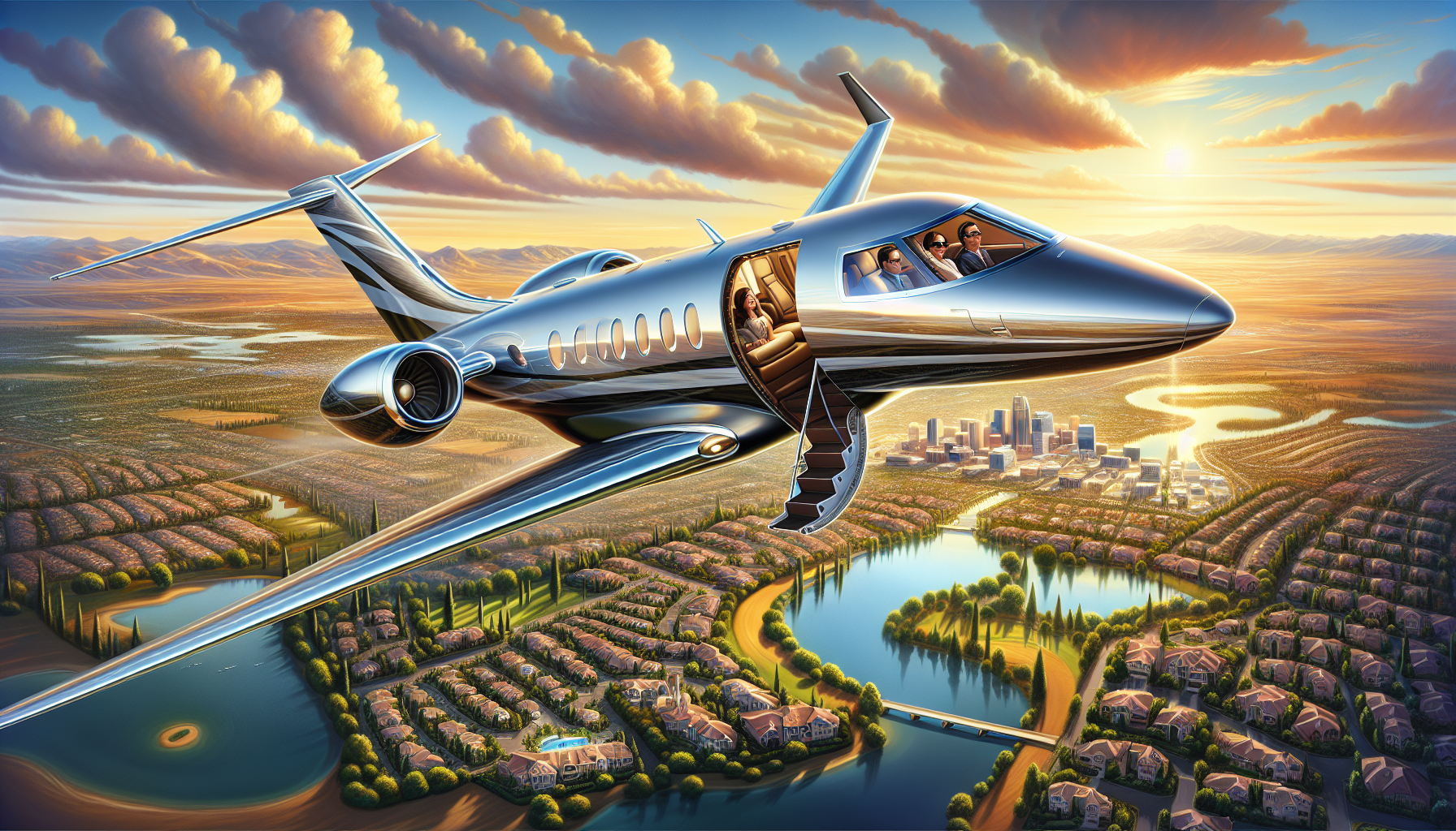 Luxurious private jet flying over Roseville California