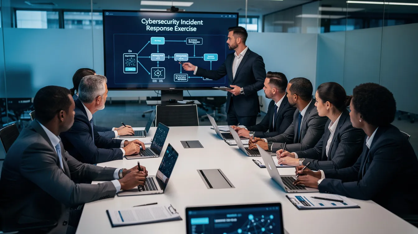 A diverse team of professionals is gathered around a conference table, actively engaged in a tabletop cybersecurity exercise, analyzing data and discussing strategies to enhance their cyber workforce readiness. This collaborative effort emphasizes the importance of cybersecurity education and training in preparing organizations to effectively respond to evolving threats and vulnerabilities in digital environments.