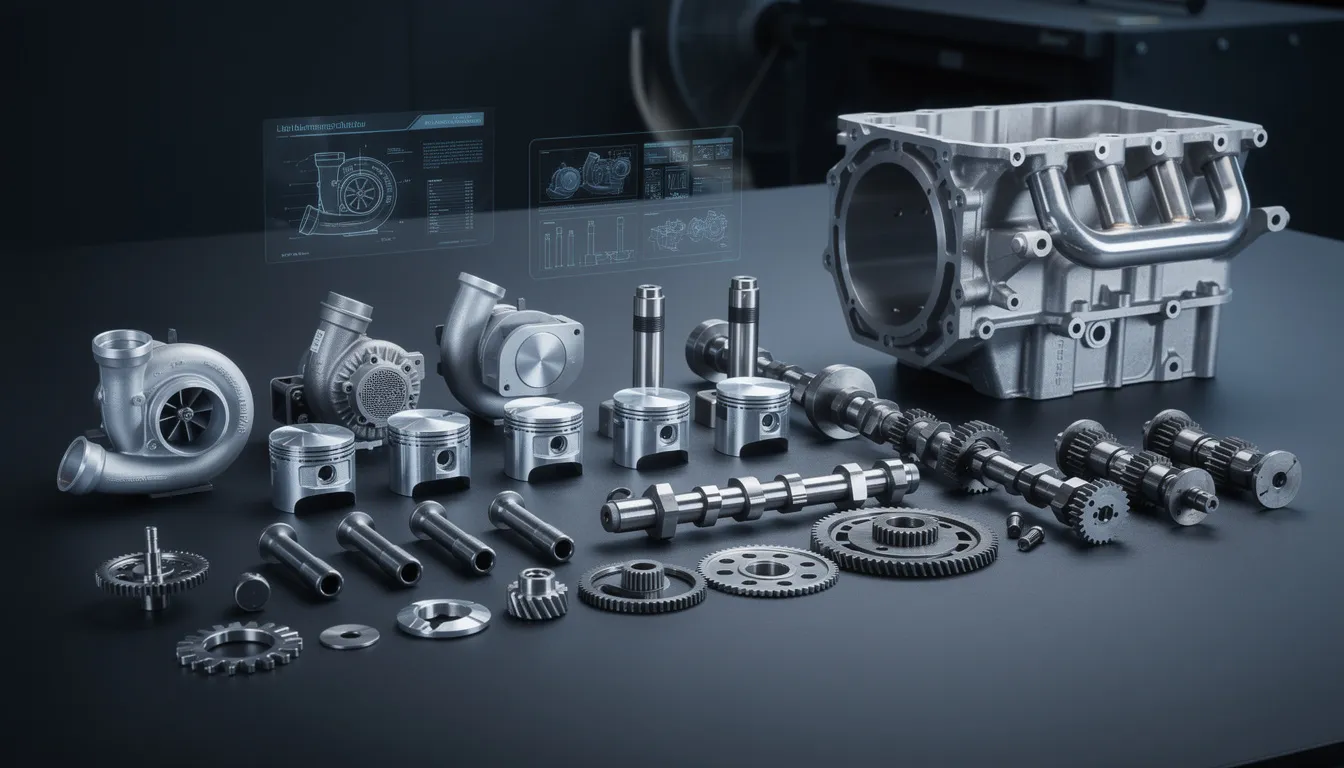 The image showcases various automotive engine parts and high-performance machinery, symbolizing the essence of technical industrial marketing. This representation highlights the importance of SEO strategies and digital marketing services in enhancing online visibility for local businesses.