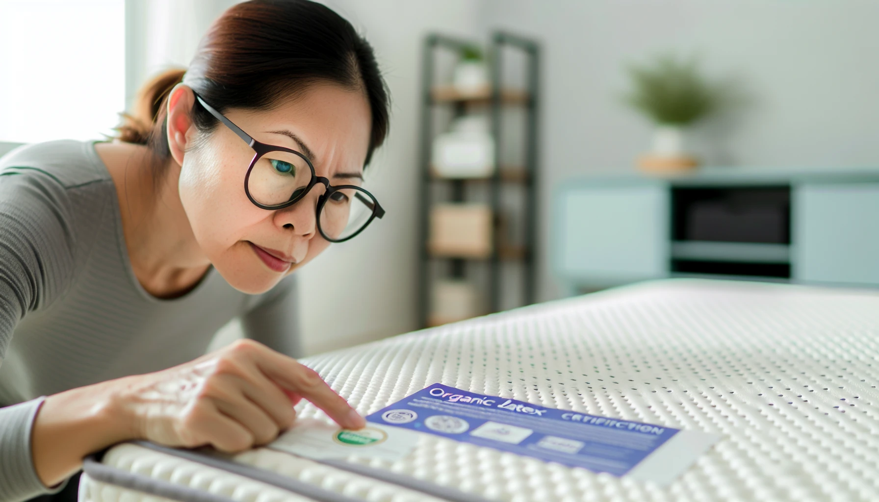 A photo of a person inspecting the certification label on an organic latex foam mattress