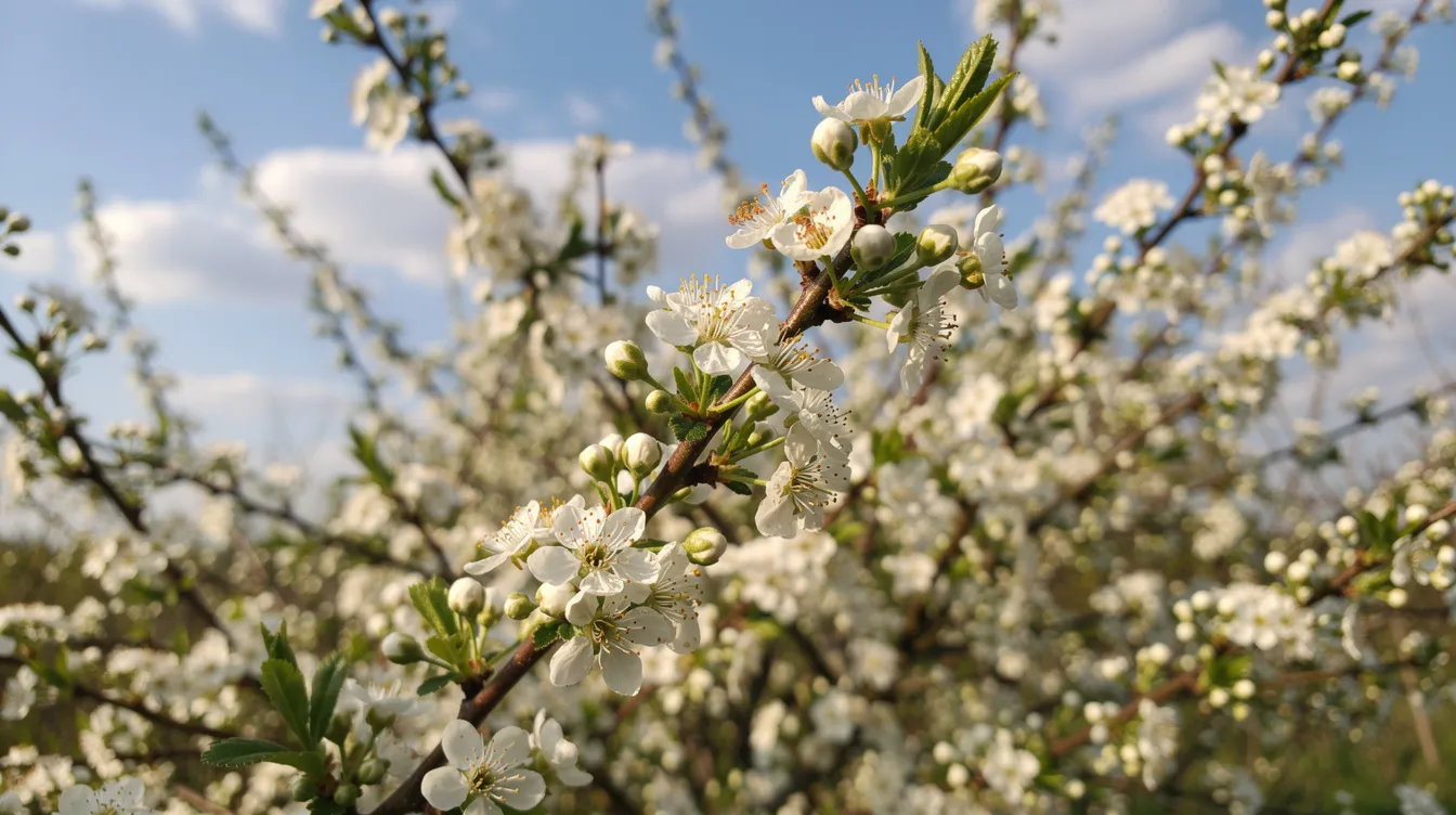 Kwitnący krzew tarniny obsypany drobnymi białymi kwiatami na tle wiosennego nieba