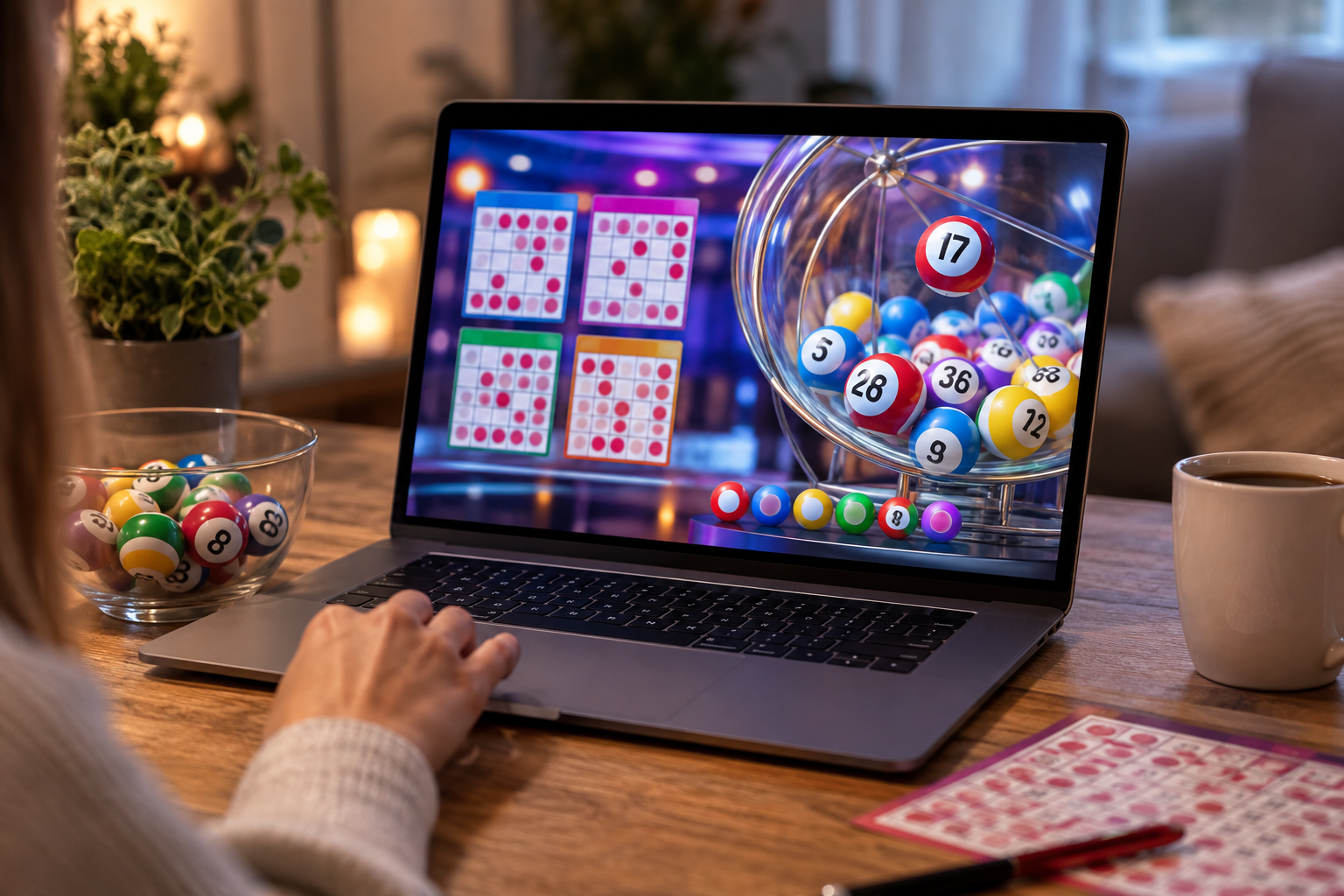 Online bingo spelen op een laptop met bingokaarten en genummerde ballen.