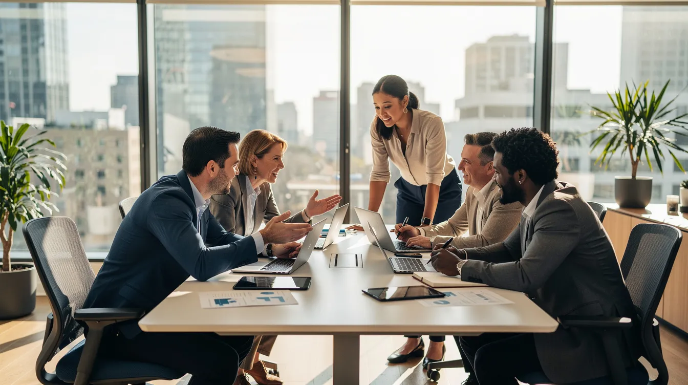 Une équipe de travail est réunie autour d'une table dans un bureau moderne, échangeant des idées dans un cadre collaboratif. Cette discussion met en avant l'approche systémique, favorisant l'analyse des interactions et des relations au sein du système complexe de l'organisation.