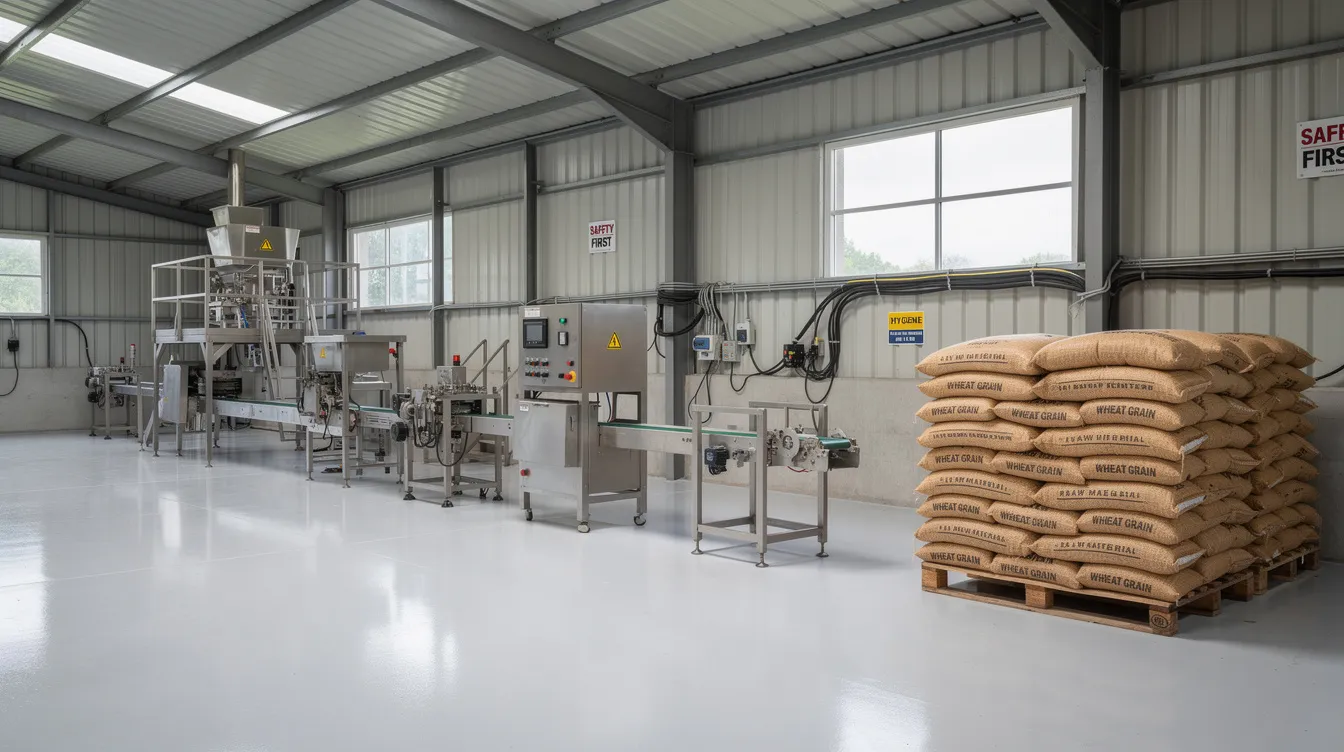 e54816eb d98c 40f2 8095 48c76f730c7b The image depicts a clean industrial shed housing a small-scale food processing unit, featuring various machinery and neatly stacked bags of raw materials, essential for rice flakes manufacturing. This setup illustrates a profitable manufacturing business, highlighting the importance of a detailed project report for successful operations in the food processing industry.