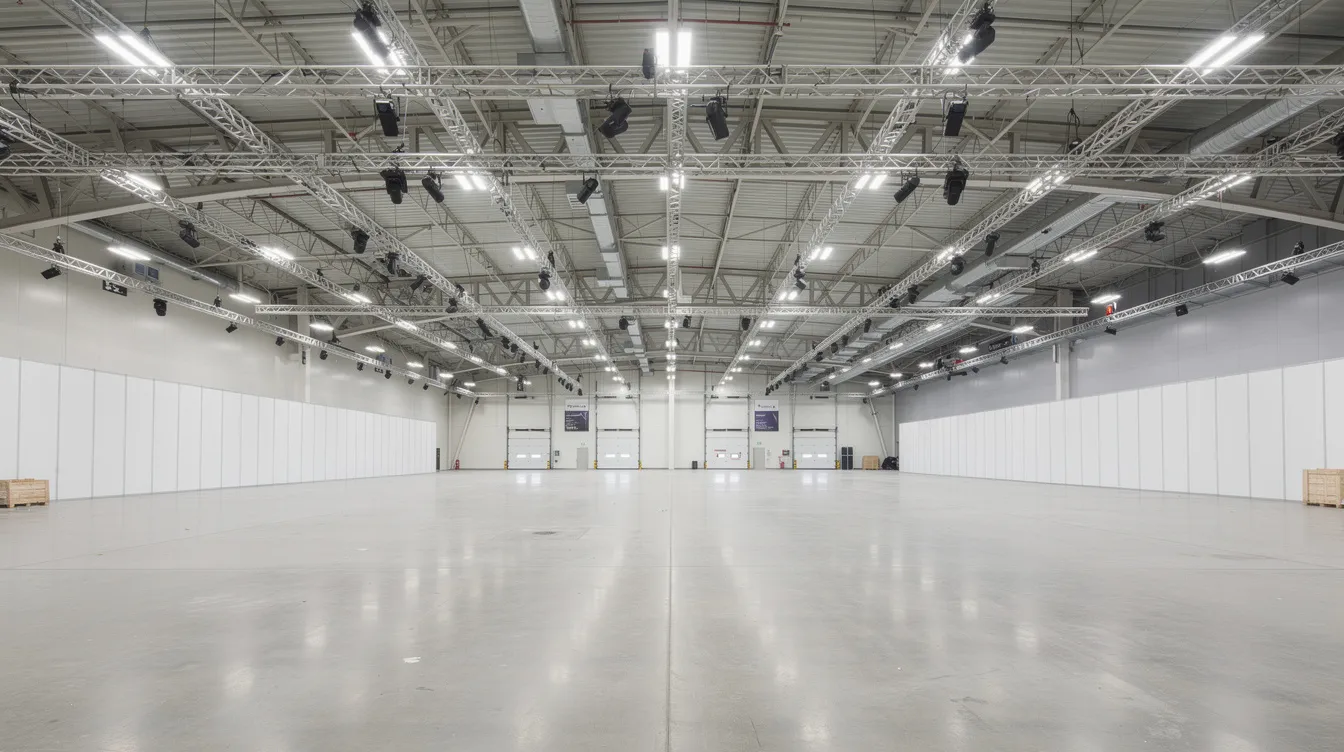 The image shows a wide interior view of a spacious exhibit hall at the Minneapolis Convention Center, featuring overhead truss lighting and an open floor space that is prepared for event setup. This versatile area is ideal for trade shows, corporate meetings, and various events, with expert support available for audio visual needs.