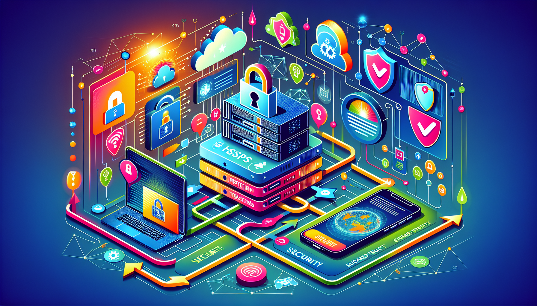 Illustration of the process of using HTTPS with an SSL certificate.