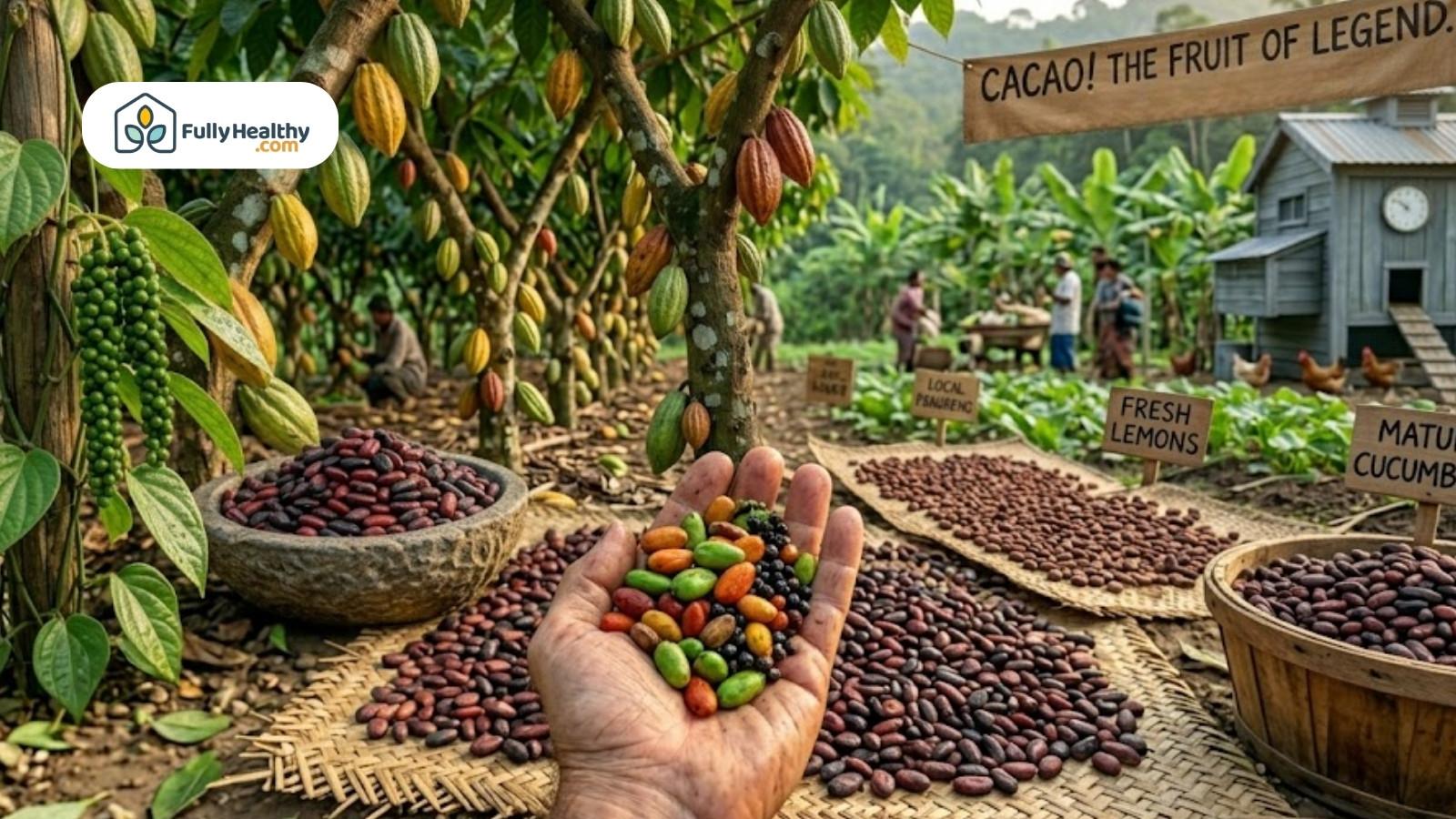 Hands holding colorful cacao beans with drying beans spread on mats