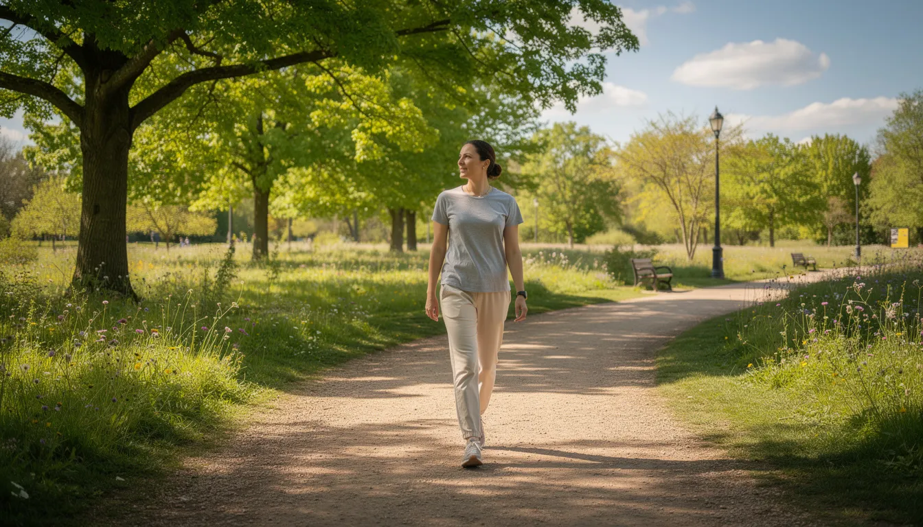 Person walking comfortably on a sunny park trail after care from a foot and ankle doctor.