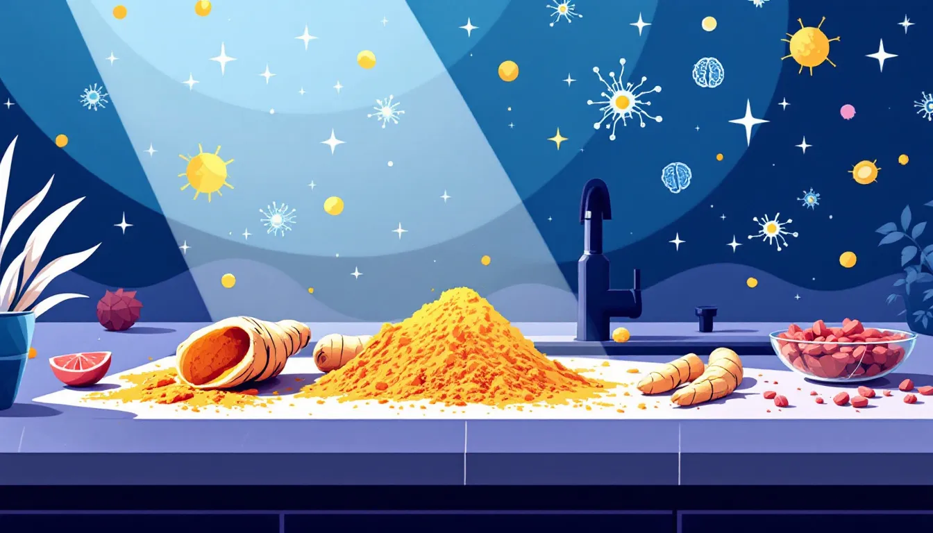 Top Supplements That Boost Brain Function: What You Need to Know 4 A vibrant turmeric root and powder on a kitchen counter, symbolizing brain-boosting properties.