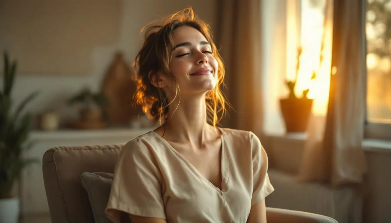Obraz przedstawia szczęśliwą kobietę, która właśnie obudziła się ze stanu hipnozy, odczuwając pozytywne zmiany i ulgę po sesji hipnoterapii. W tle widać przytulny gabinet hipnozy, co podkreśla atmosferę bezpieczeństwa i wsparcia w procesie terapeutycznym.