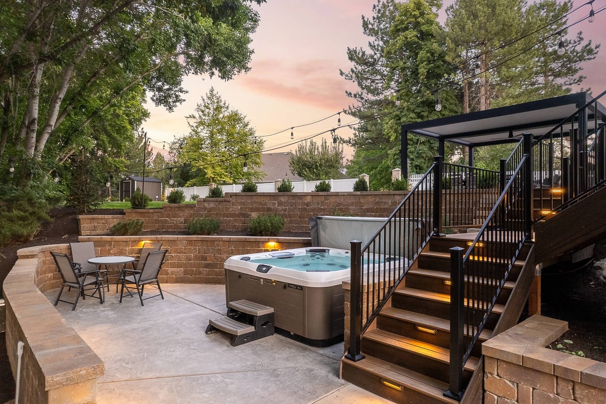 Luxury pergola installed overlooking a hot tub getaway.