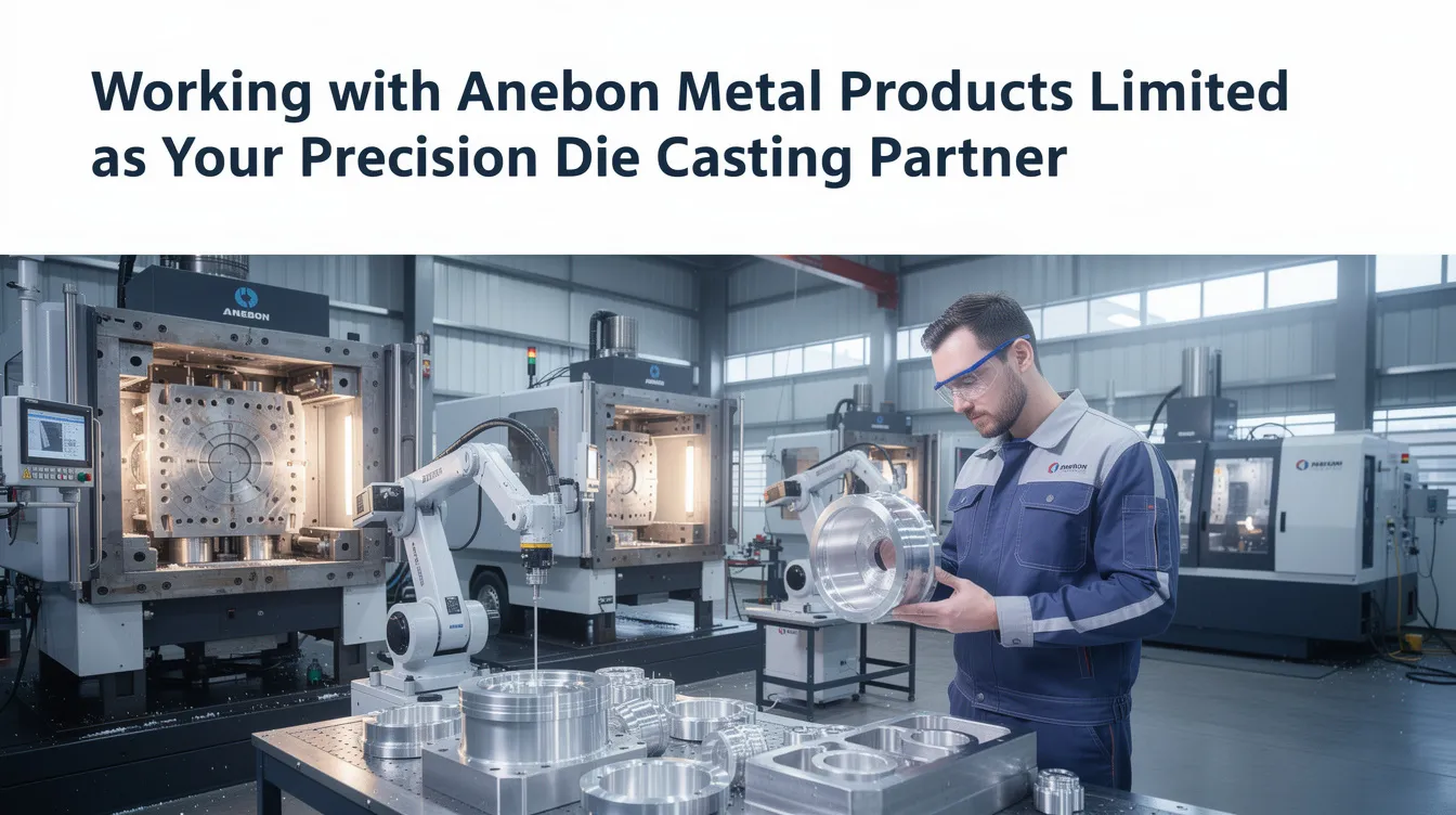 The image depicts a professional setting where representatives from Anebon Metal Products Limited are engaged in a discussion about precision die casting processes. Various die casting solutions, including aluminum and zinc die casting, are highlighted, showcasing their capabilities in producing high-quality die cast parts for various industries, such as automotive and consumer electronics.
