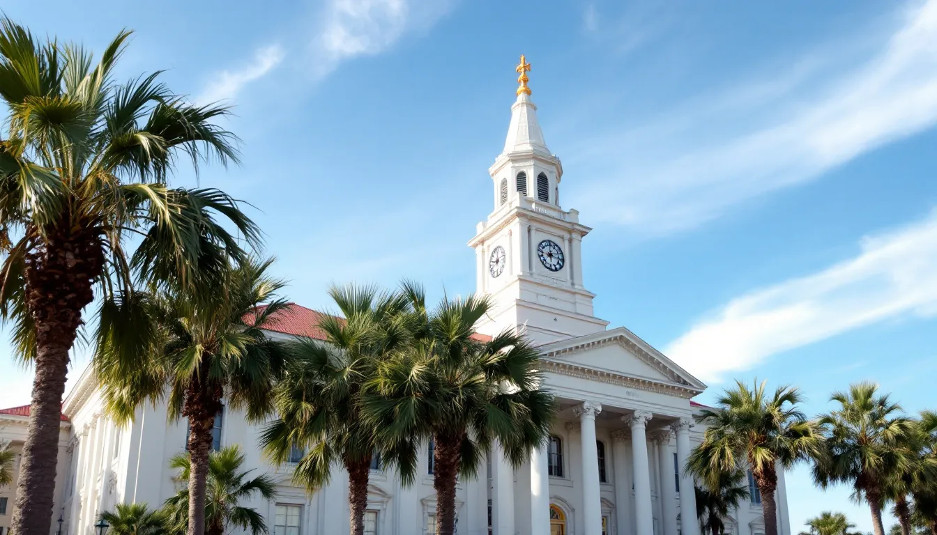 The image features the Florida state capitol building, surrounded by vibrant palm trees under a clear blue sky, symbolizing the sunny atmosphere of Florida. This iconic structure is a central hub for the Florida retirement system, where various pension plans and retirement services are administered for FRS members and beneficiaries.