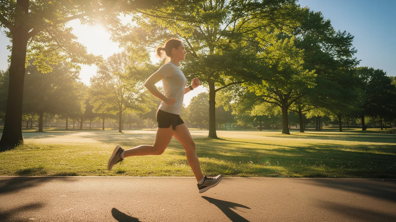 A person is jogging outdoors on a sunny morning, surrounded by lush green trees that provide a vibrant backdrop. This scene captures the essence of healthy aging and cellular health, emphasizing the importance of exercise for energy metabolism and supporting overall well-being.