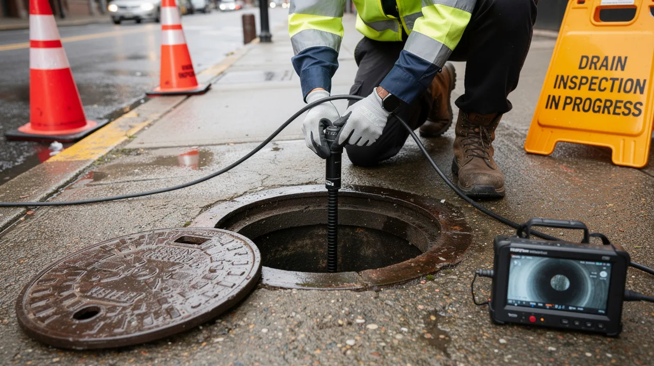 An engineer is inserting a CCTV camera into a drain access point to conduct a detailed drain inspection, part of a cctv drain survey aimed at assessing the drainage system's condition and identifying potential problems. This advanced technology allows for minimal disruption while providing valuable insights into the property’s drainage system, helping to prevent costly repairs in the future.