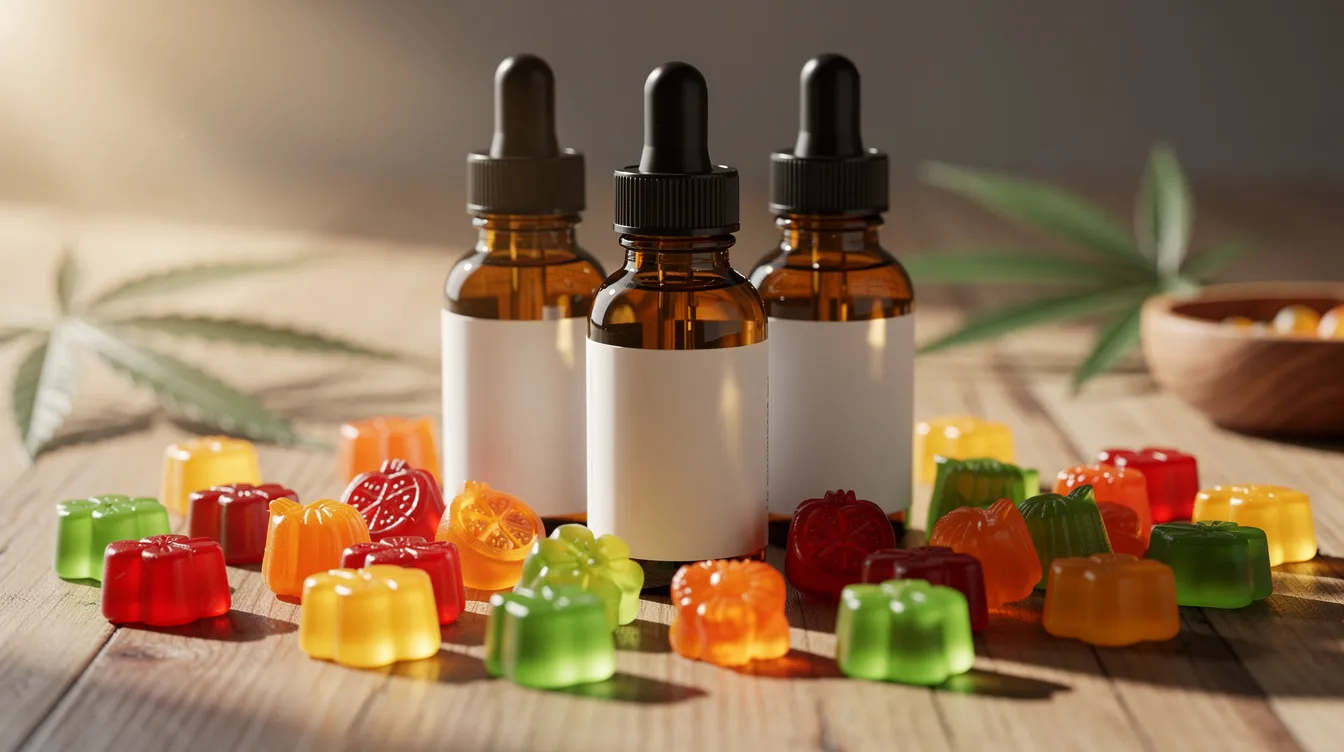 The image features an assortment of CBD oil bottles and colorful gummies, elegantly arranged on a natural wooden surface, showcasing various hemp-derived products. These items are part of the growing market for hemp-derived cannabinoids, which are subject to federal and state regulations, including California's cannabis regulations.