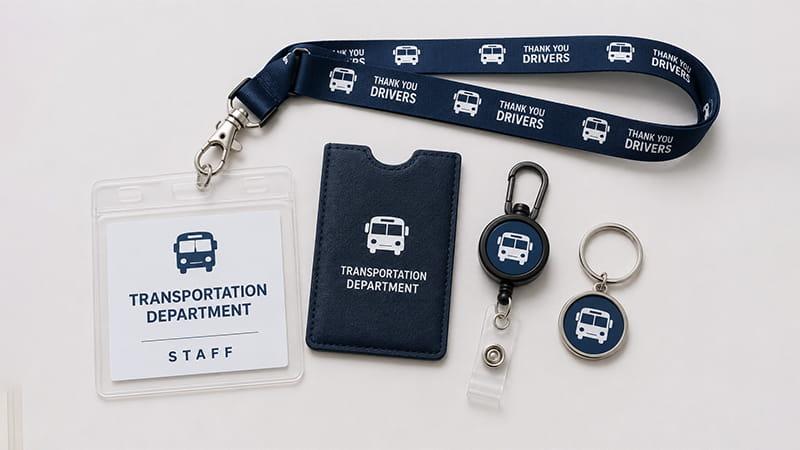 Custom transportation department lanyard, ID badge holder, card sleeve, and retractable badge reel