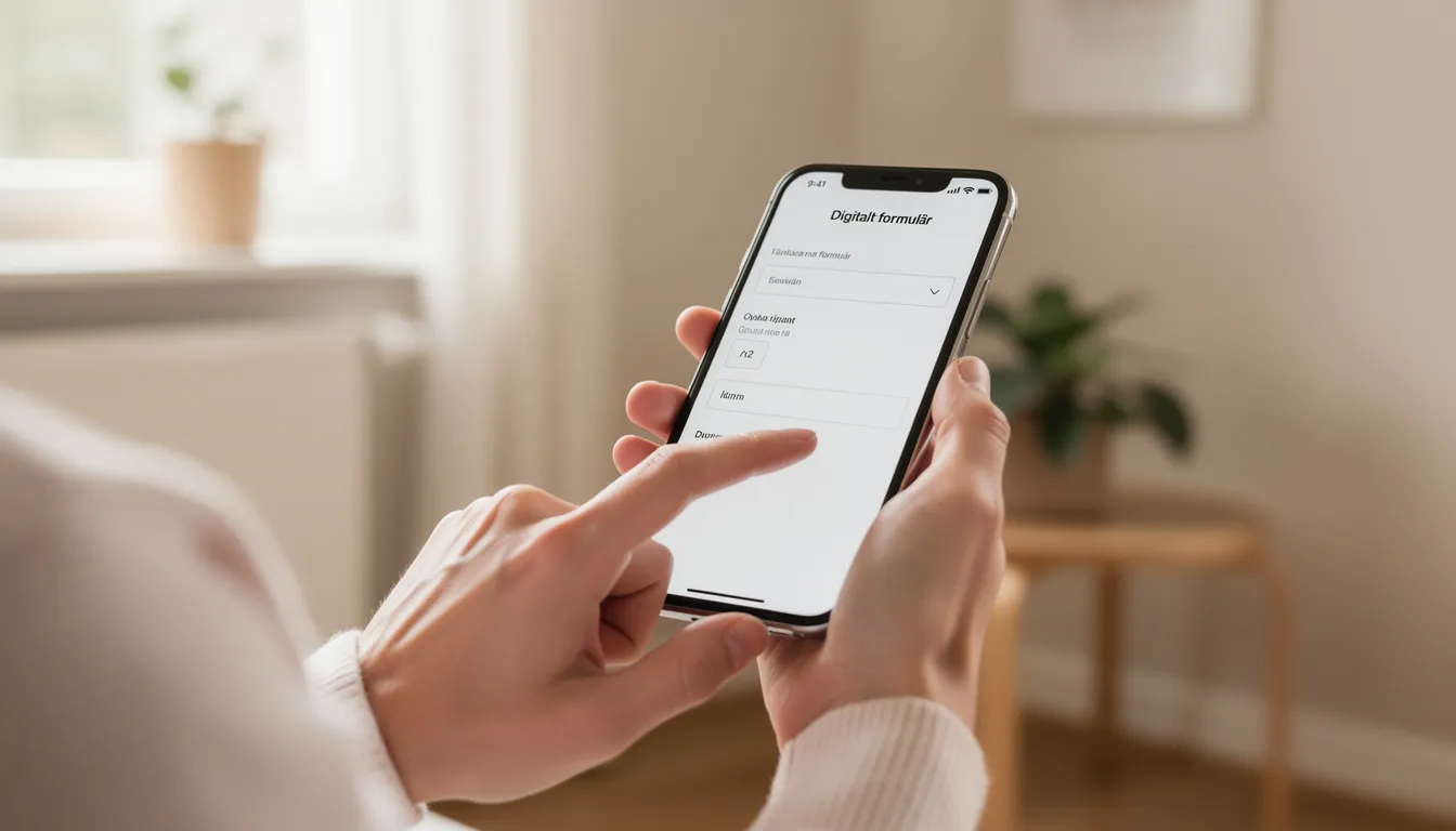 En person sitter i en ljus hemmiljö och håller i en mobiltelefon medan de fyller i ett digitalt formulär, troligtvis för att boka en undersökning av höft och bäcken. Bakgrunden ger en känsla av lugn och ordning, vilket kan bidra till att skapa en trygg atmosfär inför en eventuell magnetröntgen.