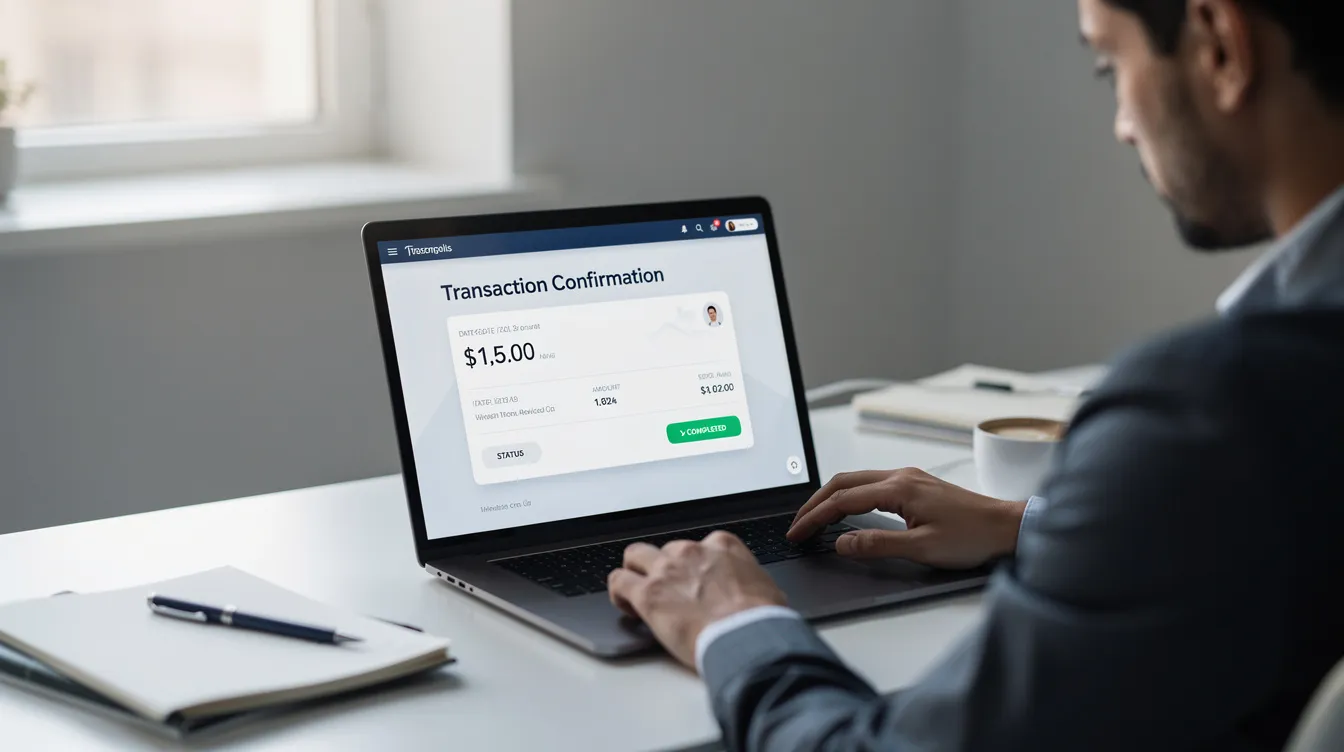 A person is seated at a desk, intently reviewing a transaction confirmation displayed on their laptop screen, which details the money transfer process, including transaction fees and options for sending money abroad, such as mobile money services like M-Pesa. The scene suggests a focus on efficient and safe ways to send funds from Australia to Kenya.