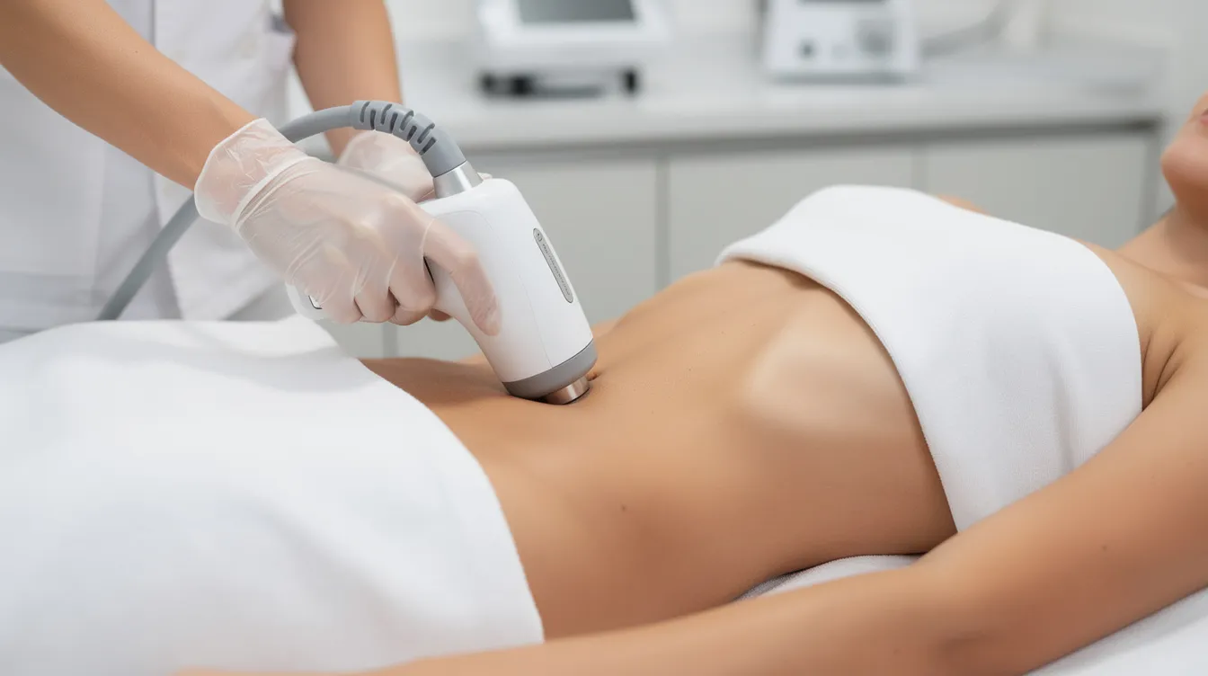 A medical aesthetic provider is seen applying a non surgical body contouring device to a patient's abdomen in a clean, modern treatment room, aiming to target stubborn fat cells and promote fat reduction. The procedure is part of a body sculpting treatment designed to eliminate excess fat and enhance skin elasticity.
