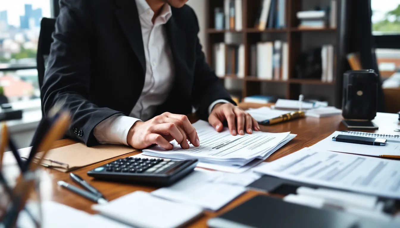 A financial advisor is seen working with a calculator and various tax documents, focusing on business deductions relevant to healthcare providers and medical practices. The scene emphasizes the importance of financial stability and compliance with federal and state regulations in the healthcare industry.