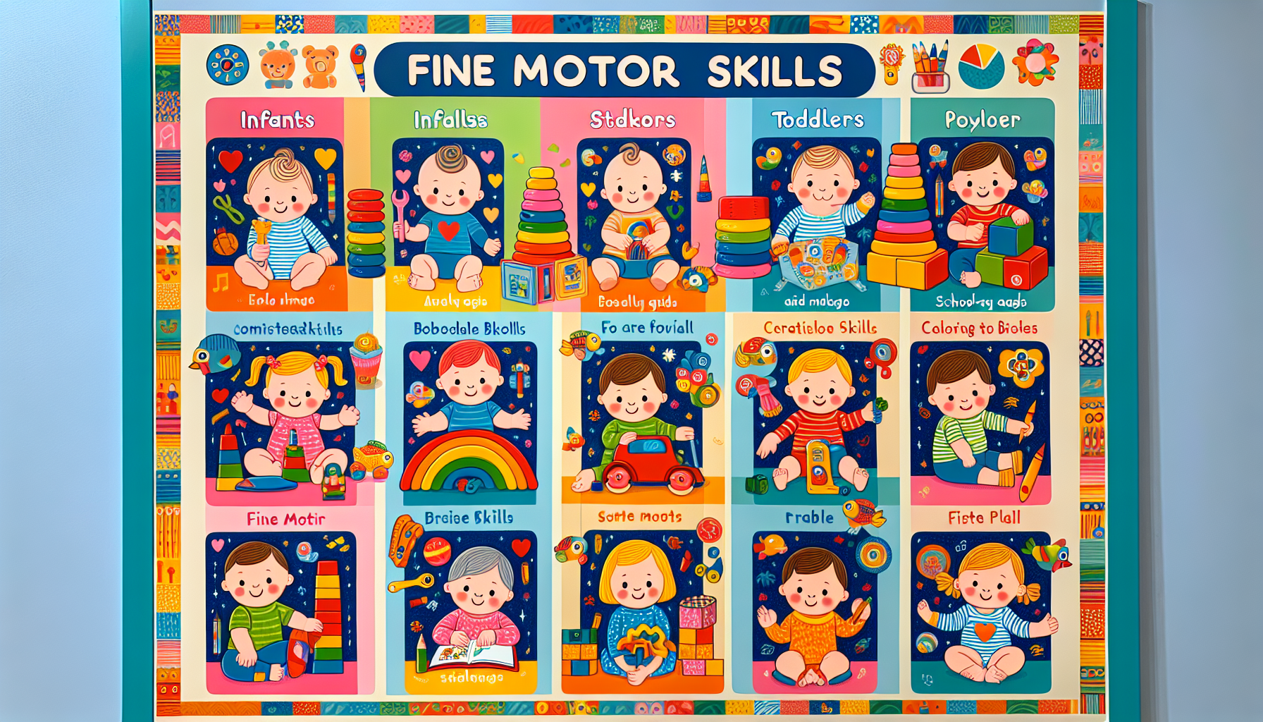 A chart displaying examples of fine motor skills categorized by age groups.