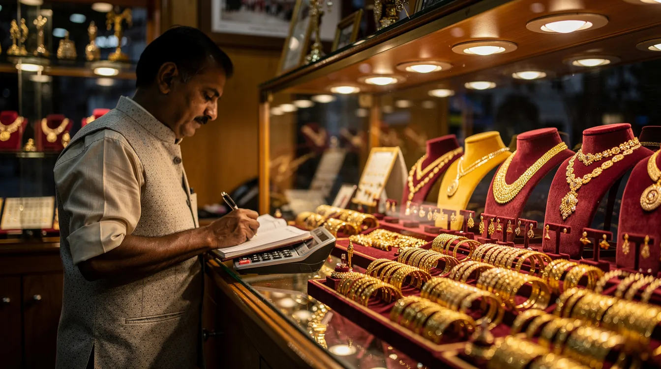e5631fc4 0906 47e4 8e28 2e4a6225f9a6 The image depicts an Indian small business owner standing at a shop counter, surrounded by an array of gold jewelry displayed in a glass case nearby. This scene illustrates the entrepreneurial spirit essential for accessing financial assistance through schemes like Mudra Yojana, which supports micro enterprises engaged in trading and other income-generating activities.