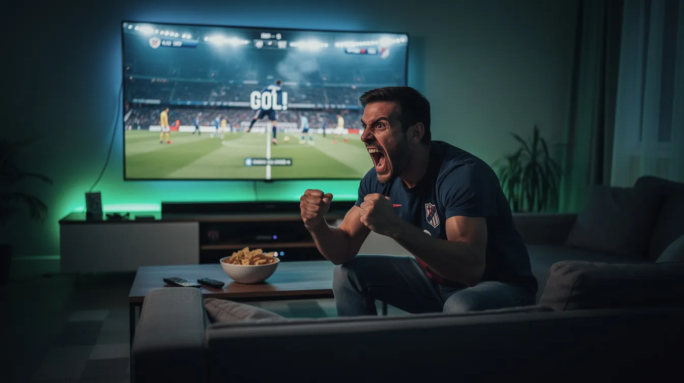Um torcedor animado assiste a um jogo de futebol em uma grande televisão em uma sala escura, iluminada apenas por luz ambiente suave. A emoção é palpável enquanto ele acompanha a partida, possivelmente entre Brasil e Marrocos, destacando a atmosfera vibrante da Copa do Mundo.