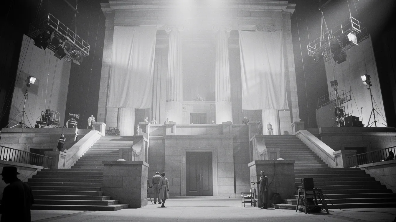 Die Schwarzweißfotografie zeigt eine aufwendige Filmkulisse mit monumentalen Säulen, Treppen und übergroßen Fahnen, die die faschistische Architektur der 1940er Jahre nachahmt, und erinnert an die satirische Darstellung von Diktatoren in "Der große Diktator" von Charlie Chaplin. Die Studioatmosphäre vermittelt ein Gefühl von Macht und Kontrolle, während die Kulisse die Themen Militarismus und Herrschaft widerspiegelt.