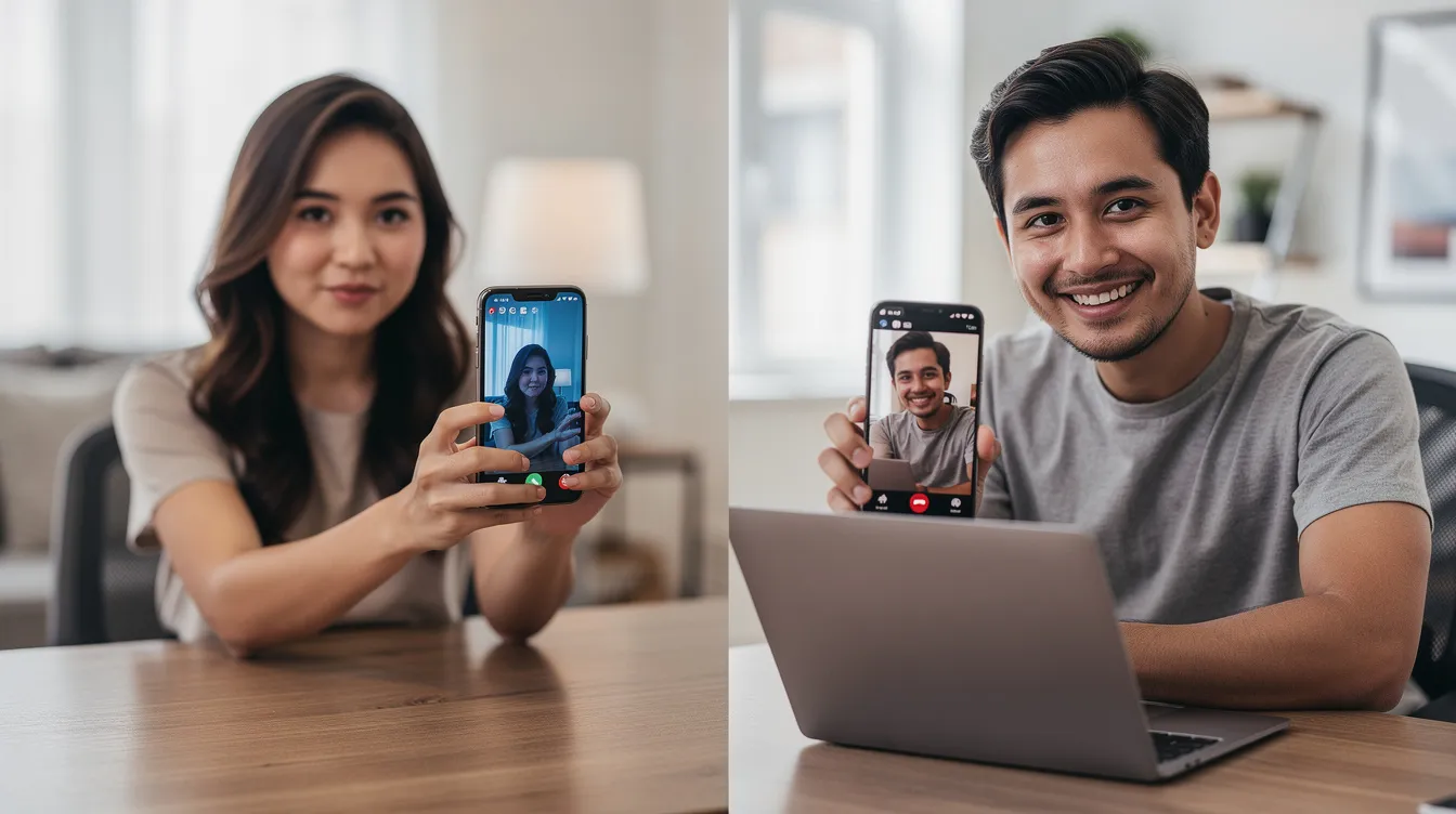 The image shows two individuals engaged in a video call on their smartphones, suggesting a modern approach to building meaningful connections through online dating platforms. This visual emphasizes the importance of communication style and user preferences in today's dating experience.