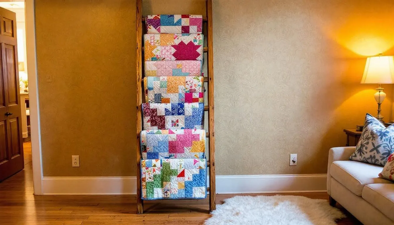 In a cozy home setting, a quilting ladder holds a colorful assortment of quilts, showcasing various patterns and textures. The warm ambiance suggests a perfect space for sewing and quilting, ideal for using the best sewing machines for quilting.