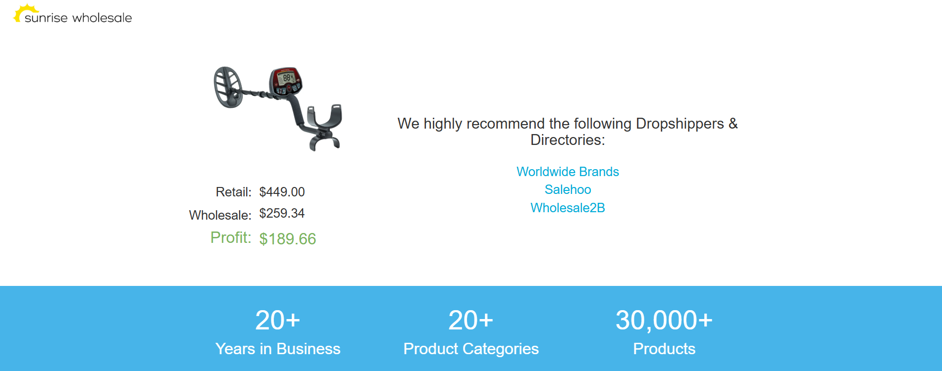 sunrise wholesale landing page screenshot