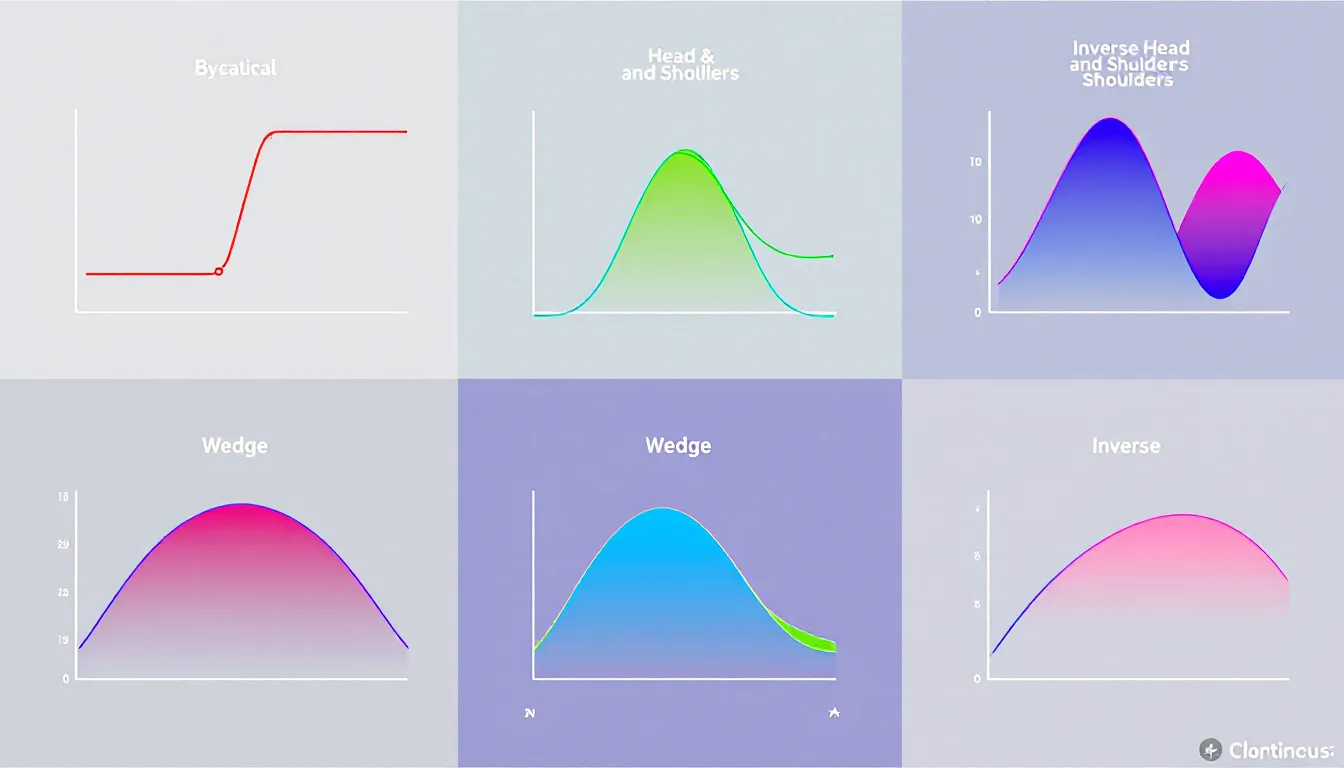 Key types of chart patterns illustrated on a trading chart.