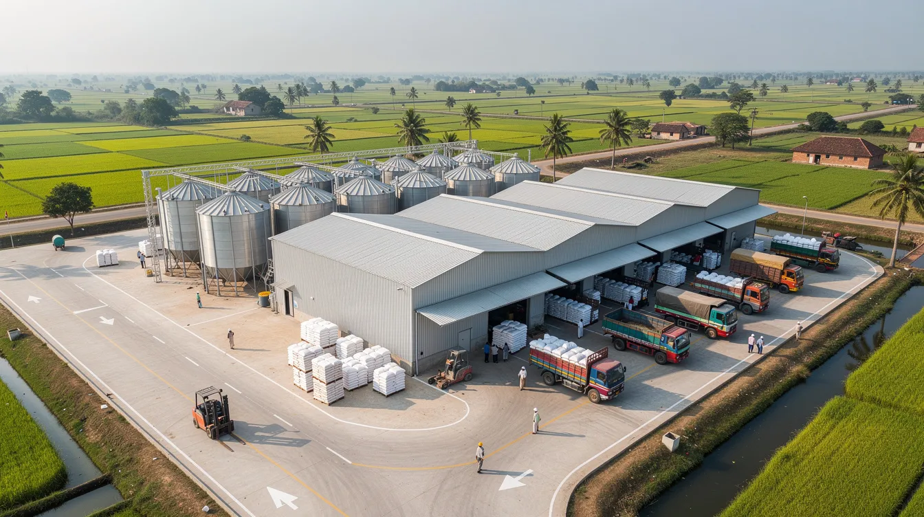 e5682d5d 234e 40fc a1fc b9d79dede7f1 An aerial view depicts a modern rice processing facility in a rural Indian setting, featuring large warehouses, silos, and designated truck loading areas. This rice mill plant showcases the integration of advanced milling machinery and storage solutions essential for efficient food processing and meeting market demand.
