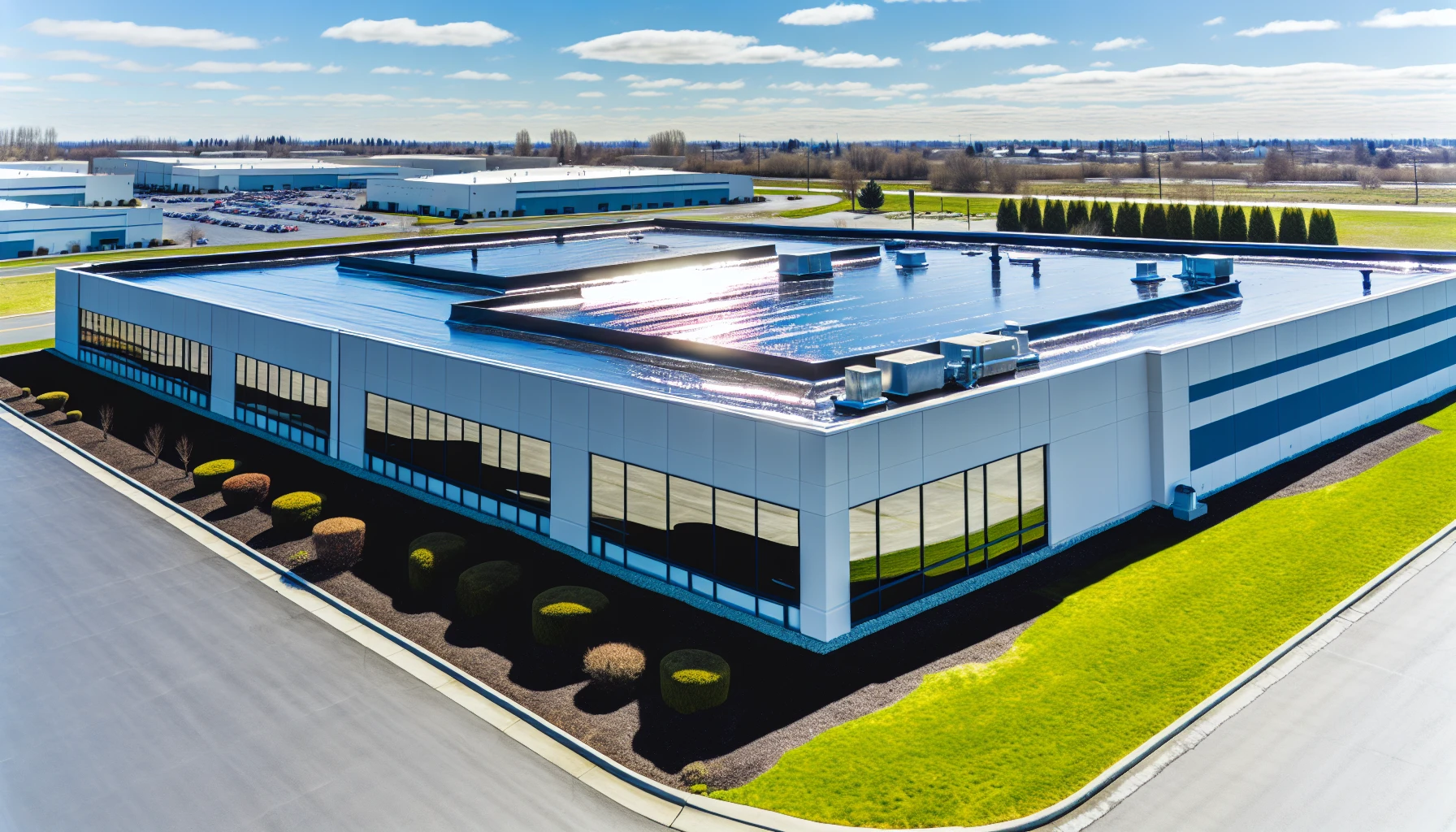 A Commercial Building With A Newly Coated Roof, Showcasing The Benefits Of Roof Coatings In Extending Roof Life And Protecting Against Damaging Elements.