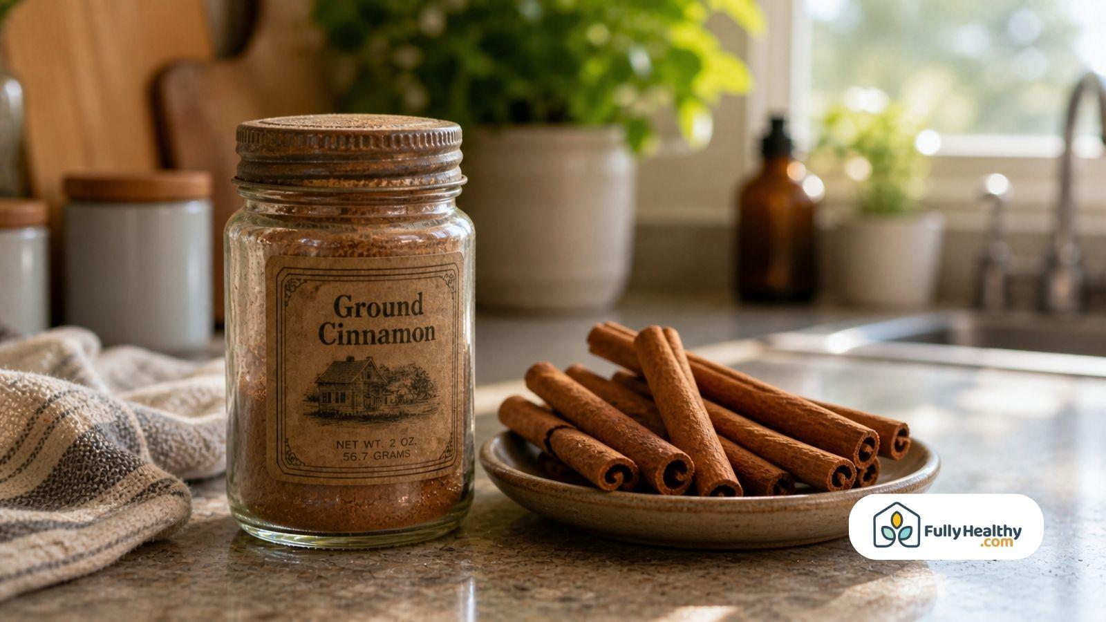 Glass jar of ground cinnamon beside whole sticks on kitchen counter