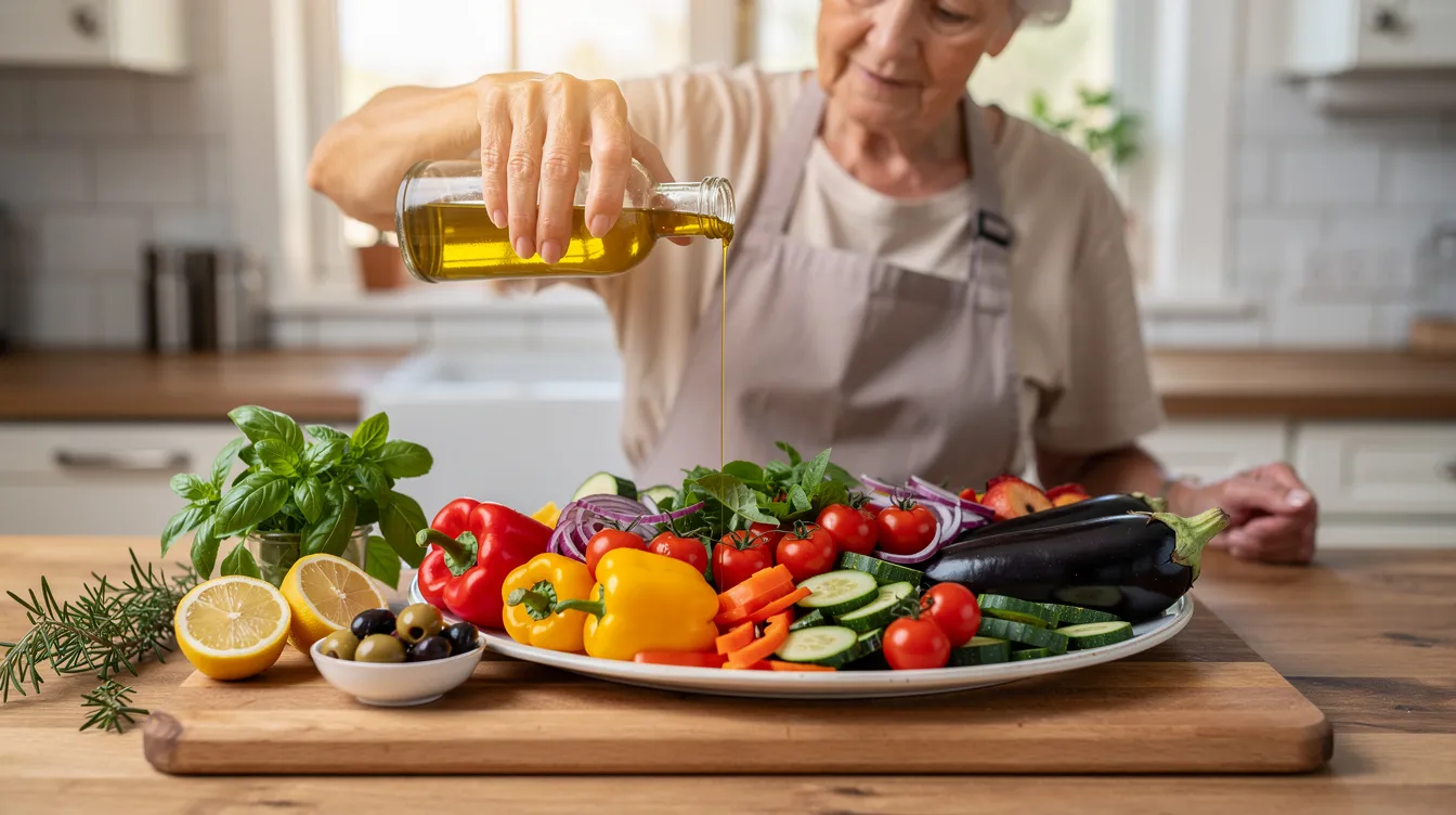 An older adult is seen preparing a vibrant Mediterranean-style meal, featuring an array of fresh vegetables and drizzled with olive oil, emphasizing a healthy lifestyle that supports longevity and overall well-being. The scene highlights the importance of nutritious meals in maintaining muscle mass and metabolic health as one ages.