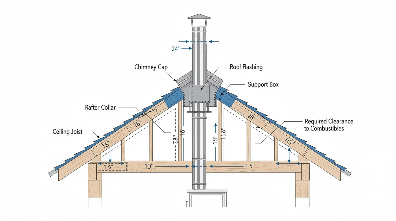 The image depicts a detailed diagram of a chimney system installation through a roof, highlighting the necessary clearances for safe operation. This installation is crucial for both wood burning sauna heaters and electric sauna heaters to ensure proper ventilation and adherence to local codes, providing a safe and effective sauna experience.