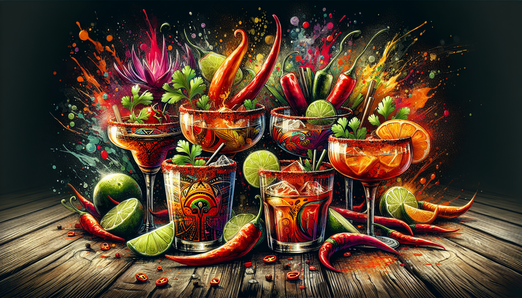 A selection of spicy Mezcal cocktails with vibrant garnishes.