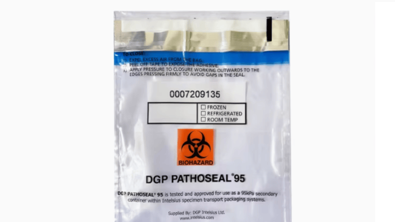 Heat-sealed security bag with barcode and biohazard warning