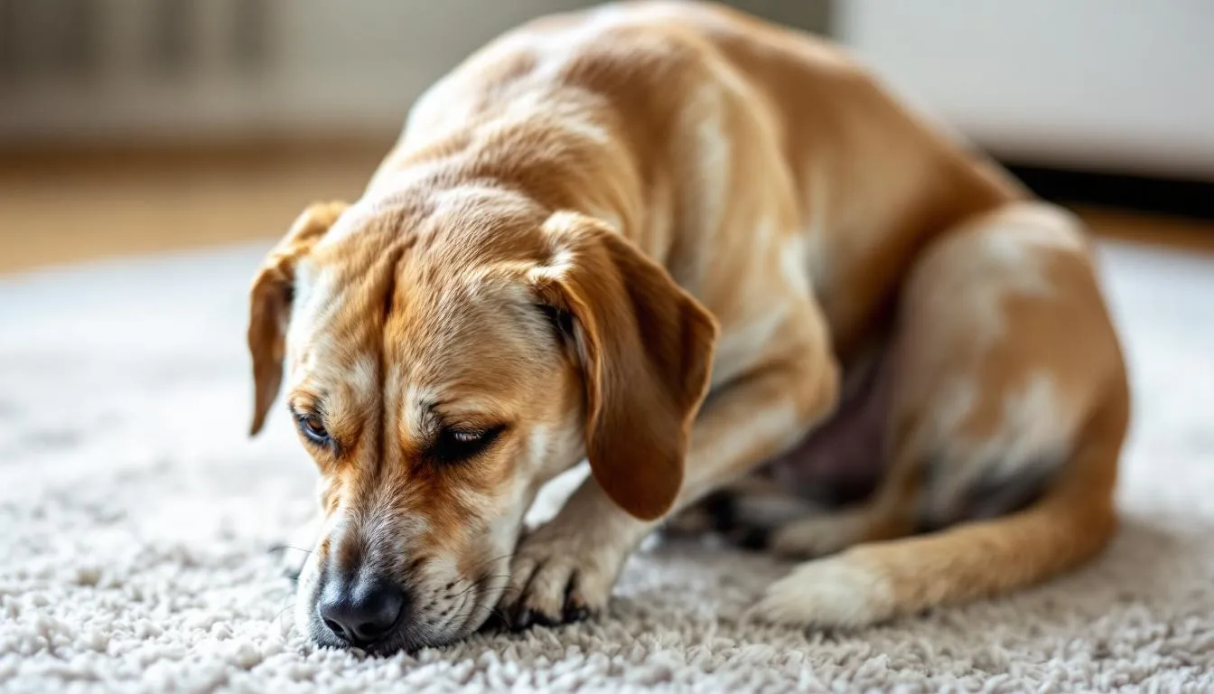 A dog is depicted in a hunched posture, exhibiting reluctance to move, which are clinical signs commonly associated with spinal pain due to intervertebral disc disease (IVDD). This typical stance may indicate issues such as spinal cord compression or herniated discs affecting the dog