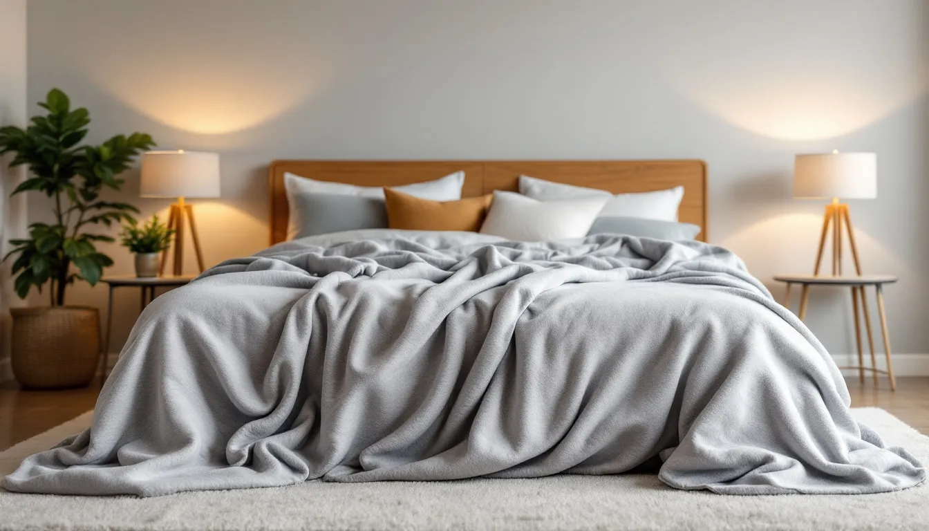 A cozy king size weighted blanket draped over a king size bed.