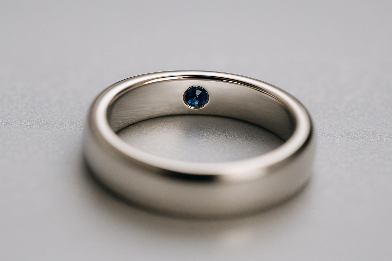 Balto aukso vestuvinis žiedas su paslėptu mėlynu safyru žiedo viduje