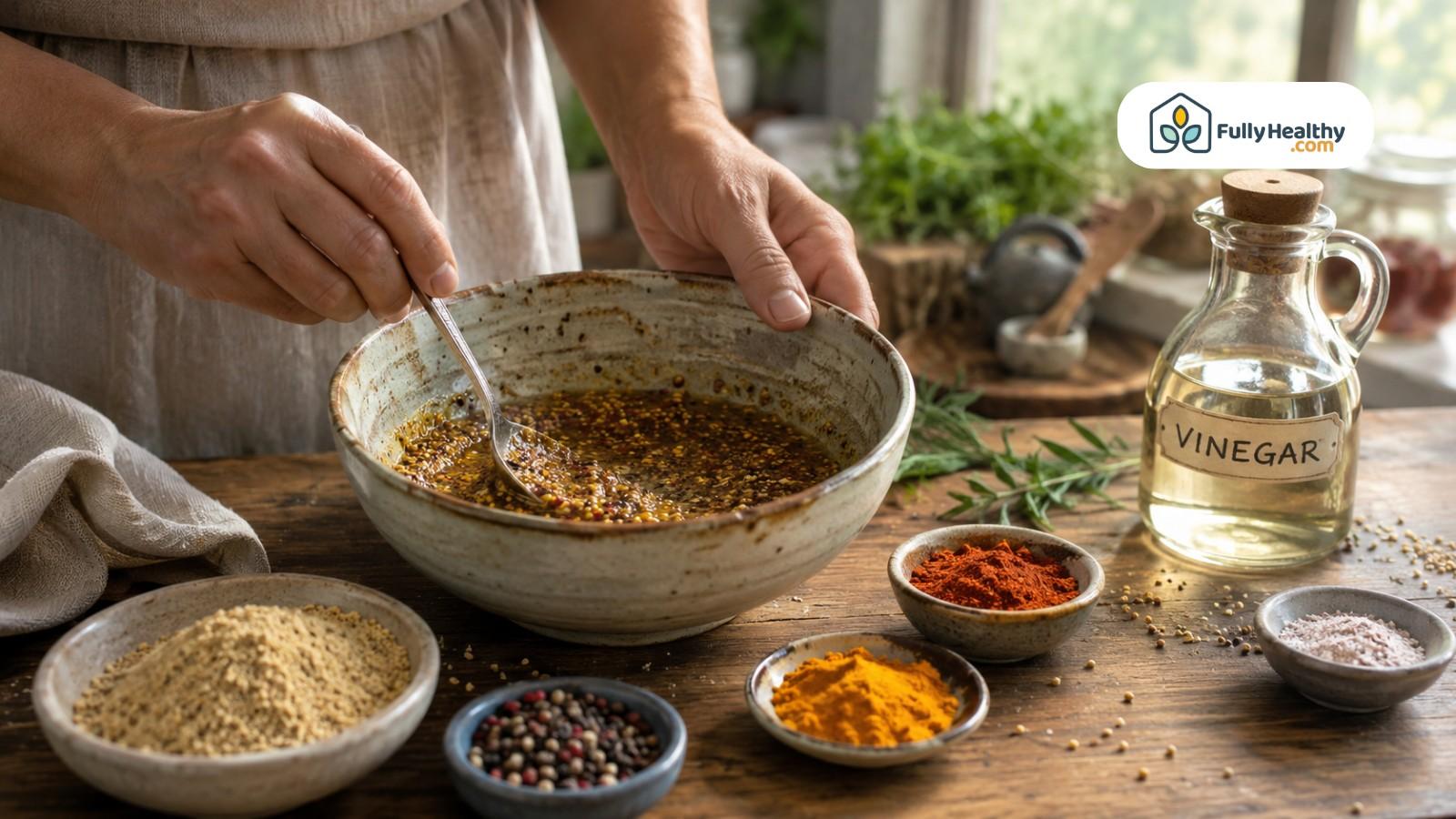 Person mixing mustard seeds with vinegar spices and seasonings in bowl