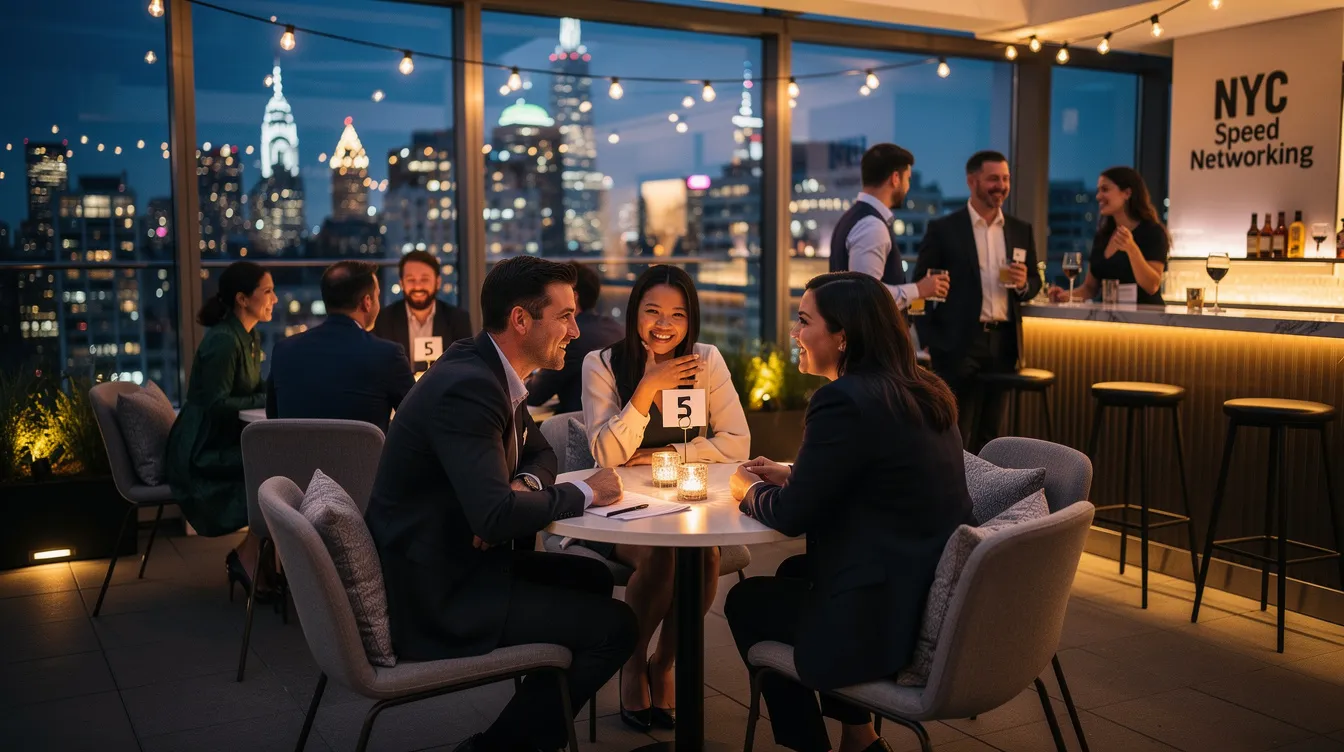 The image depicts a lively speed dating event in NYC, where participants engage in brief conversations to explore compatibility and shared interests, fostering connections that could lead to long-term relationships. The atmosphere is energetic, with people laughing and talking head-on, creating a solid foundation for potential romantic matches.