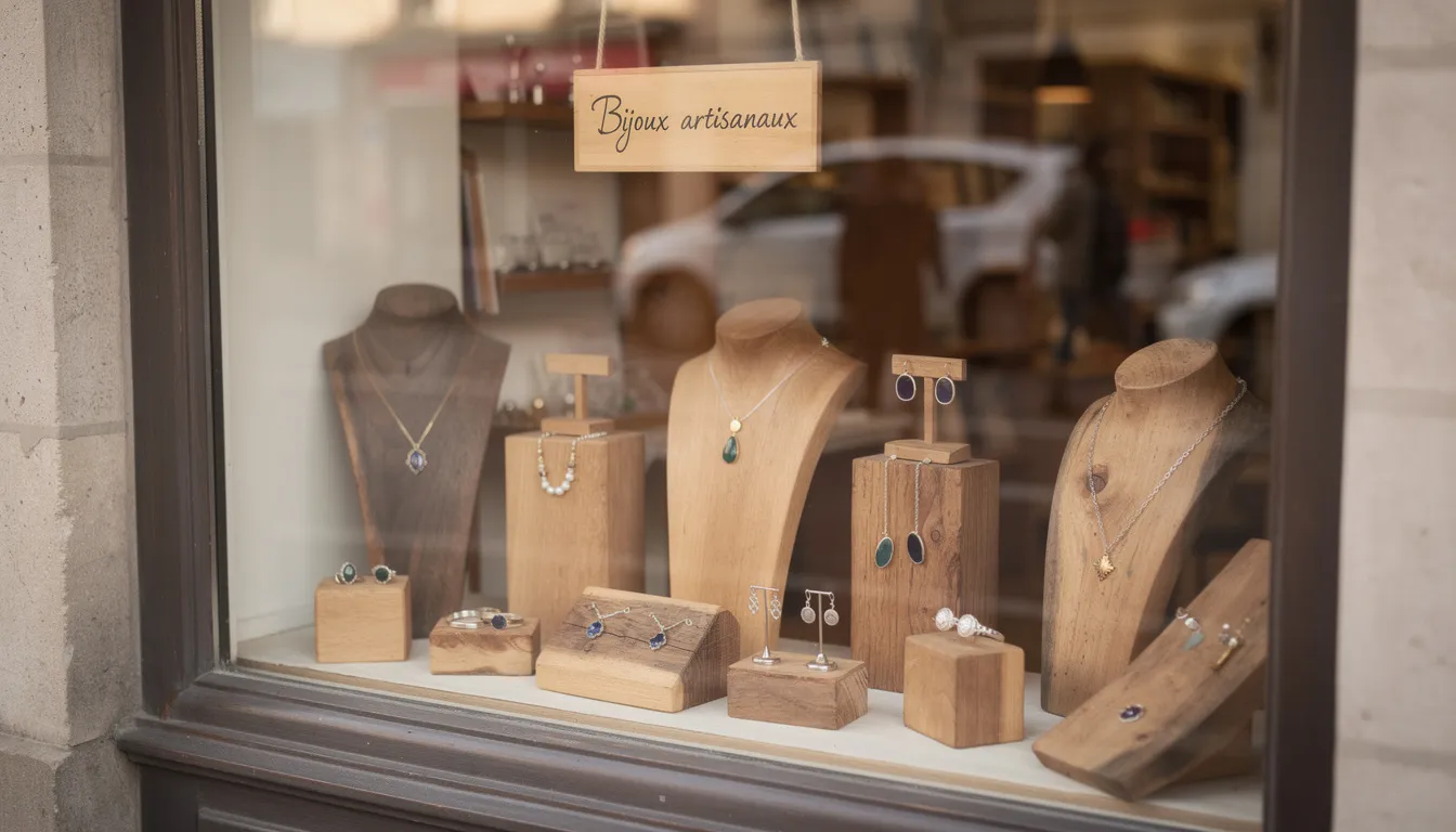 La vitrine d'une boutique artisanale présente une variété de bijoux fantaisie, soigneusement exposés sur des présentoirs en bois. On y trouve des boucles d'oreilles, des colliers et des bracelets, mettant en avant le savoir-faire et l'originalité des créations bijoux artisanaux.